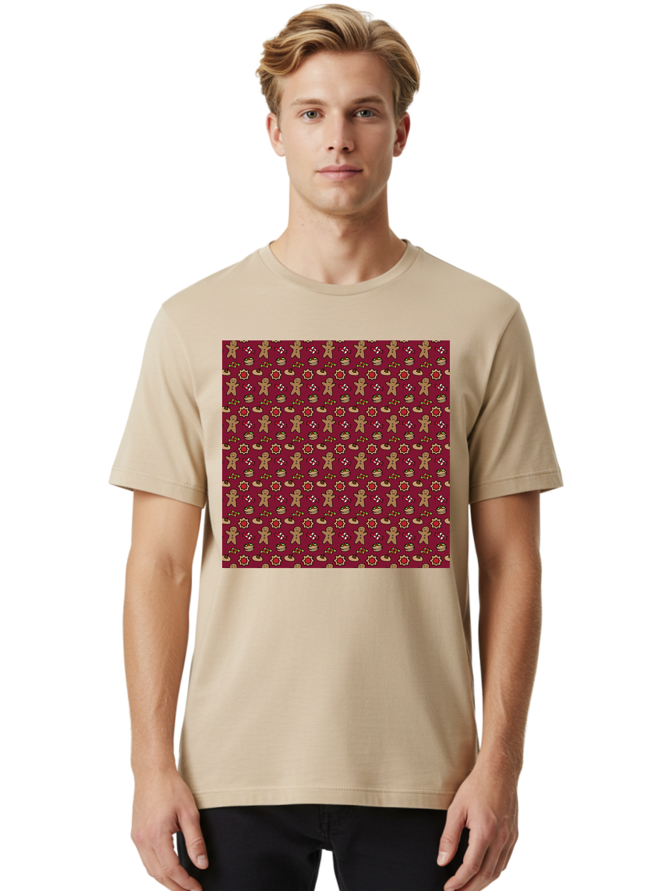 Gingerbread-Men-Pattern Men'S Graphic Tee, 100% Cotton, Comfortable Casual Summer Wear, Machine Washable, Gingerbread Men, Festive Holiday Pattern, Christmas Treats, Candy Canes, Cupcakes, Flowers, Red Background, Sweet Delights, Baking, -  Aaa904