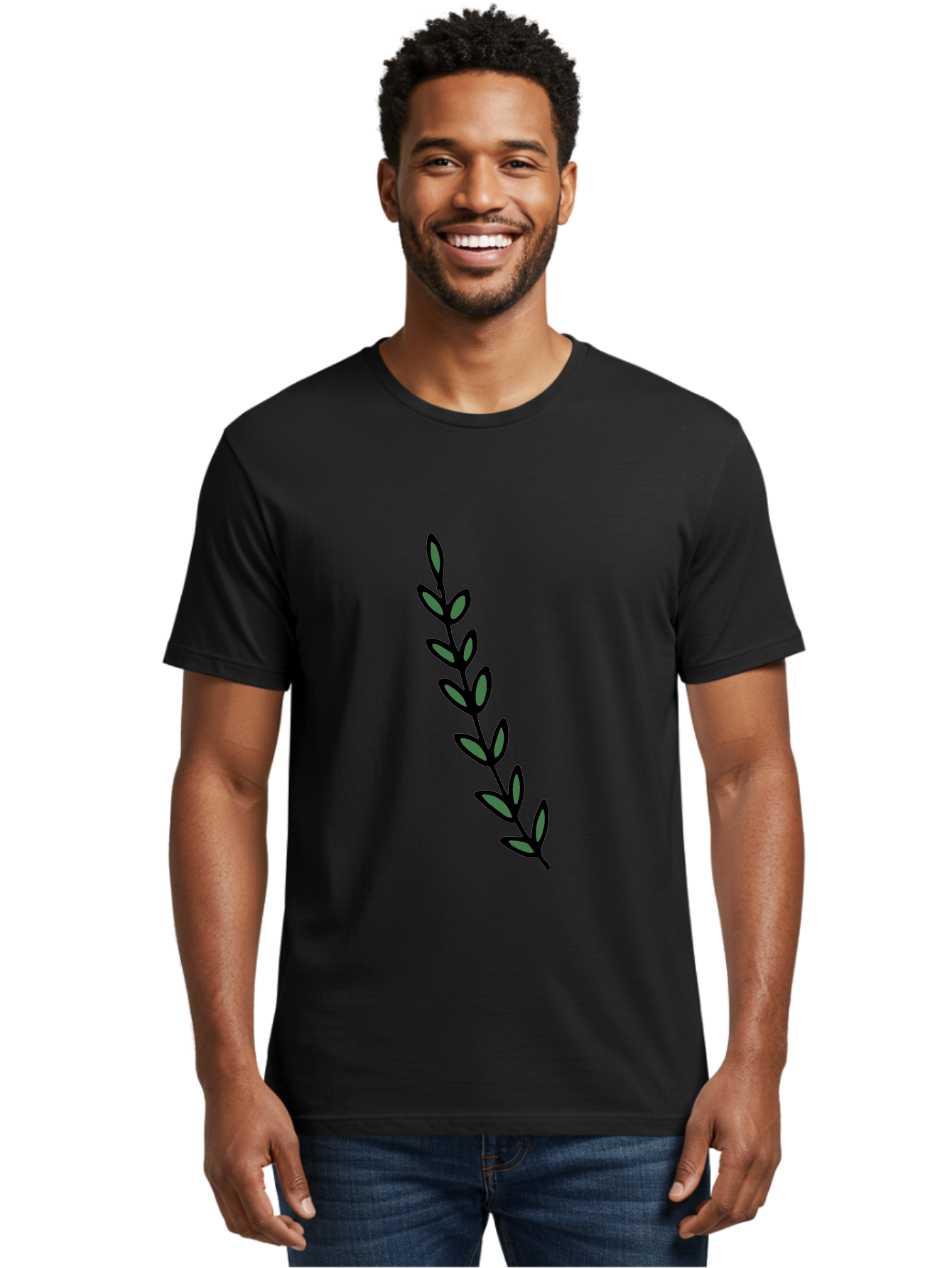 Green-Leaves Men'S Graphic Tee, 100% Cotton, Comfortable Casual Summer Wear, Machine Washable, Simple Stem, Leafy Greens, Minimalist Design, Dark Gray Leaves, Black Outline, Botanical Illustration, Modern Graphics -  Aaa906