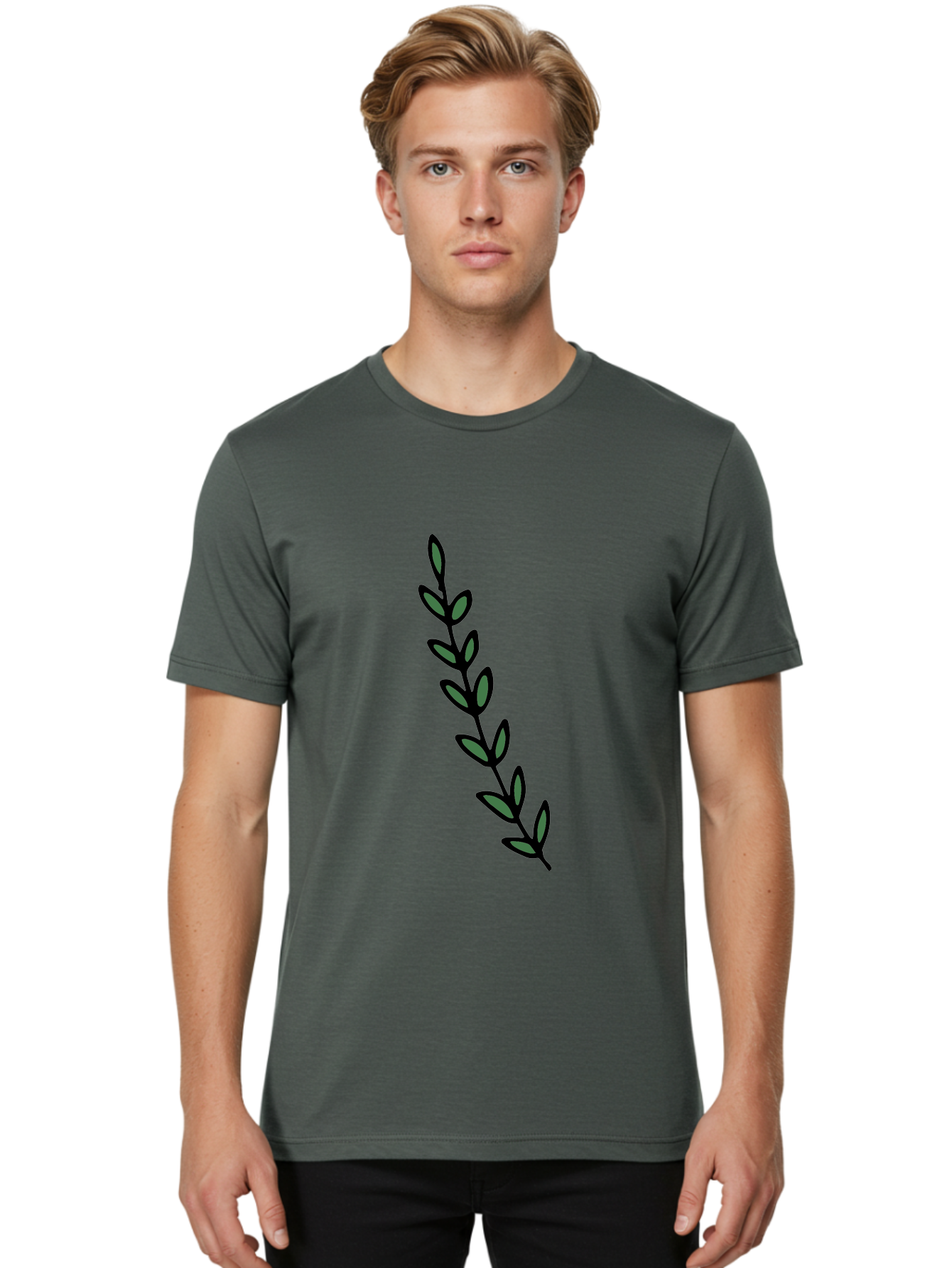 Green-Leaves Men'S Graphic Tee, 100% Cotton, Comfortable Casual Summer Wear, Machine Washable, Simple Stem, Leafy Greens, Minimalist Design, Dark Gray Leaves, Black Outline, Botanical Illustration, Modern Graphics -  Aaa906