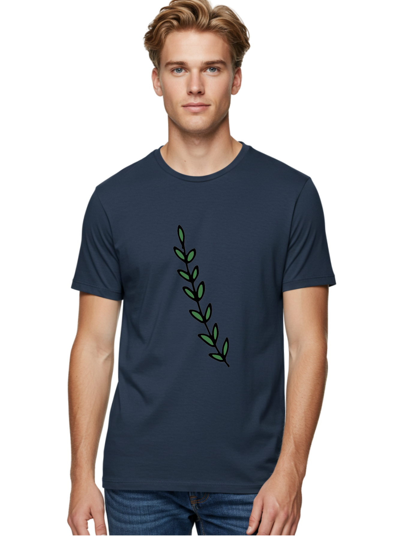 Green-Leaves Men'S Graphic Tee, 100% Cotton, Comfortable Casual Summer Wear, Machine Washable, Simple Stem, Leafy Greens, Minimalist Design, Dark Gray Leaves, Black Outline, Botanical Illustration, Modern Graphics -  Aaa906
