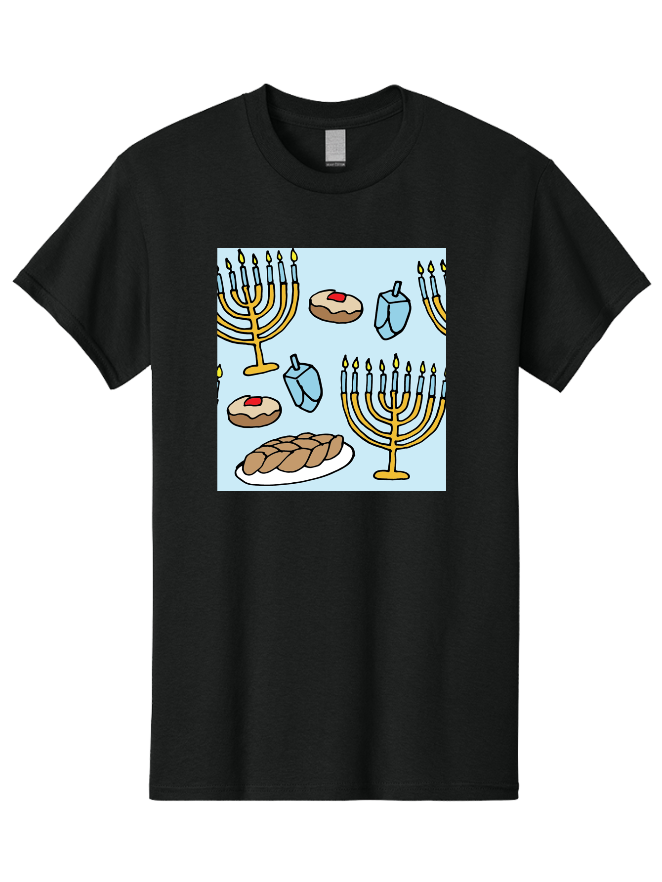 Hanukkah-Symbols Men'S Graphic Tee, 100% Cotton, Comfortable Casual Summer Wear, Machine Washable, Menorahs With Lit Candles, Sufganiyot Jelly Donuts, Dreidels, Challah Bread, Hanukkah Traditions, Jewish Holiday, Festive Food, -  Aaa910