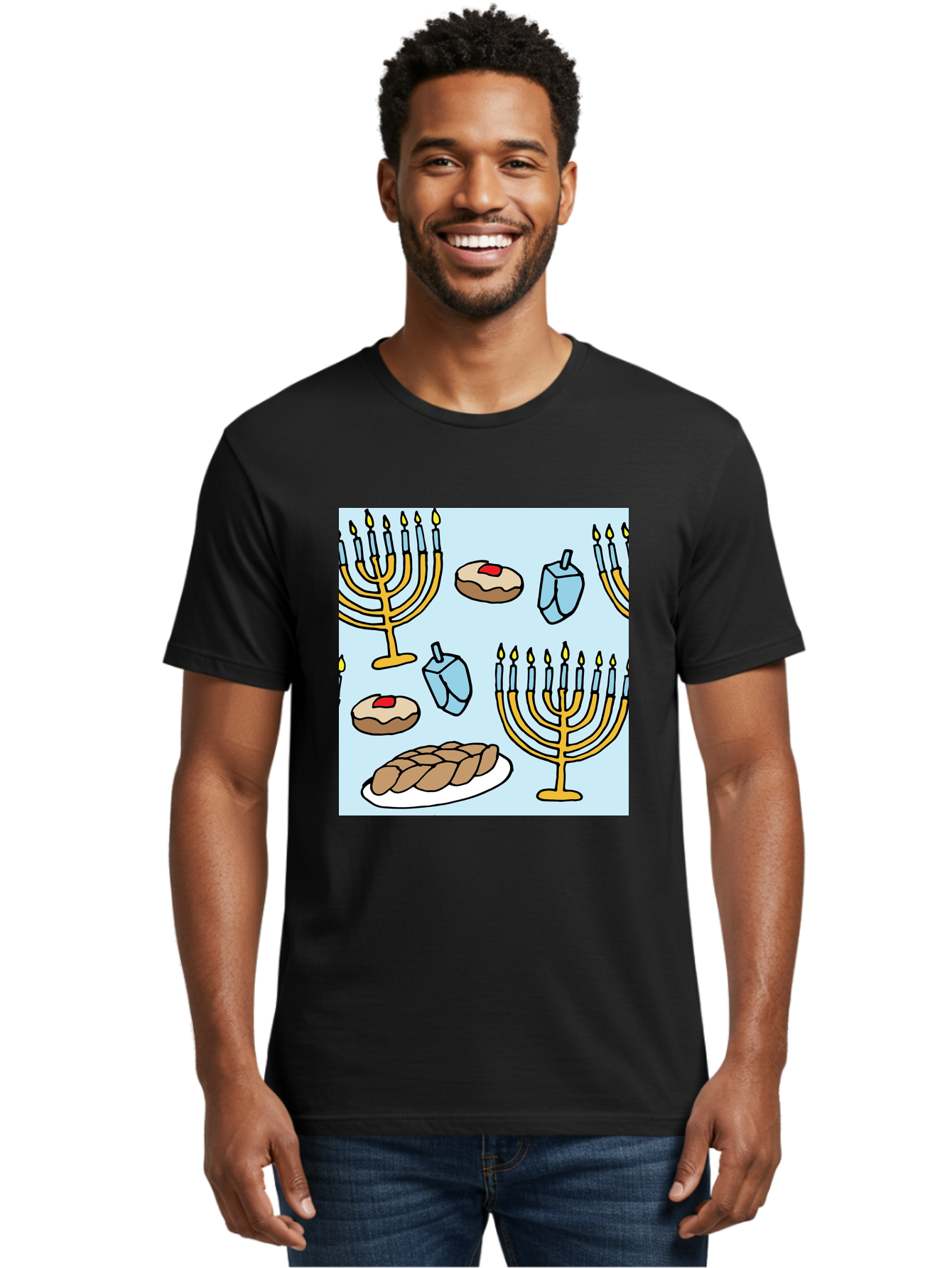 Hanukkah-Symbols Men'S Graphic Tee, 100% Cotton, Comfortable Casual Summer Wear, Machine Washable, Menorahs With Lit Candles, Sufganiyot Jelly Donuts, Dreidels, Challah Bread, Hanukkah Traditions, Jewish Holiday, Festive Food, -  Aaa910