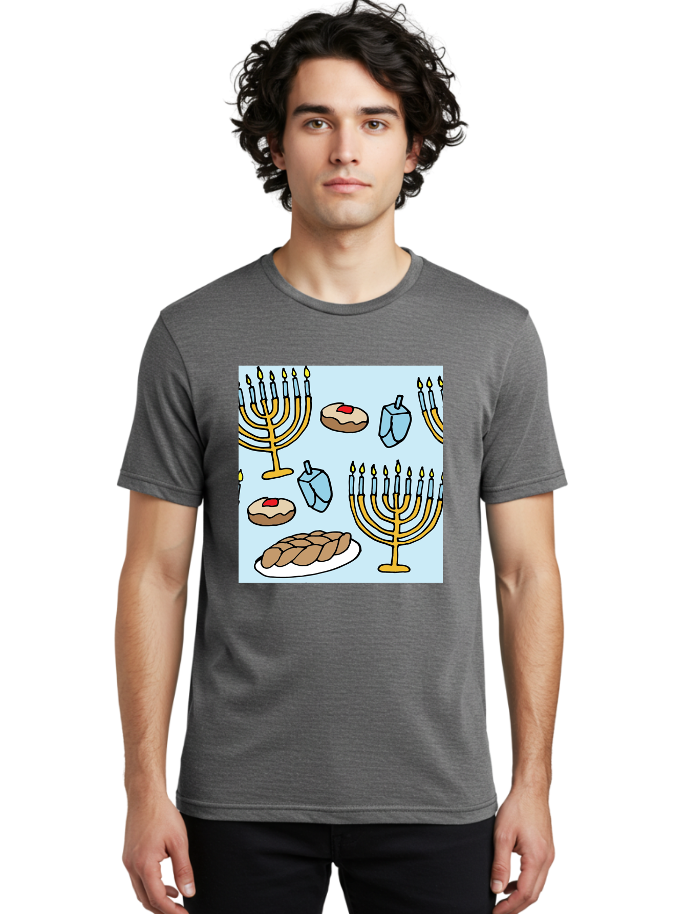 Hanukkah-Symbols Men'S Graphic Tee, 100% Cotton, Comfortable Casual Summer Wear, Machine Washable, Menorahs With Lit Candles, Sufganiyot Jelly Donuts, Dreidels, Challah Bread, Hanukkah Traditions, Jewish Holiday, Festive Food, -  Aaa910