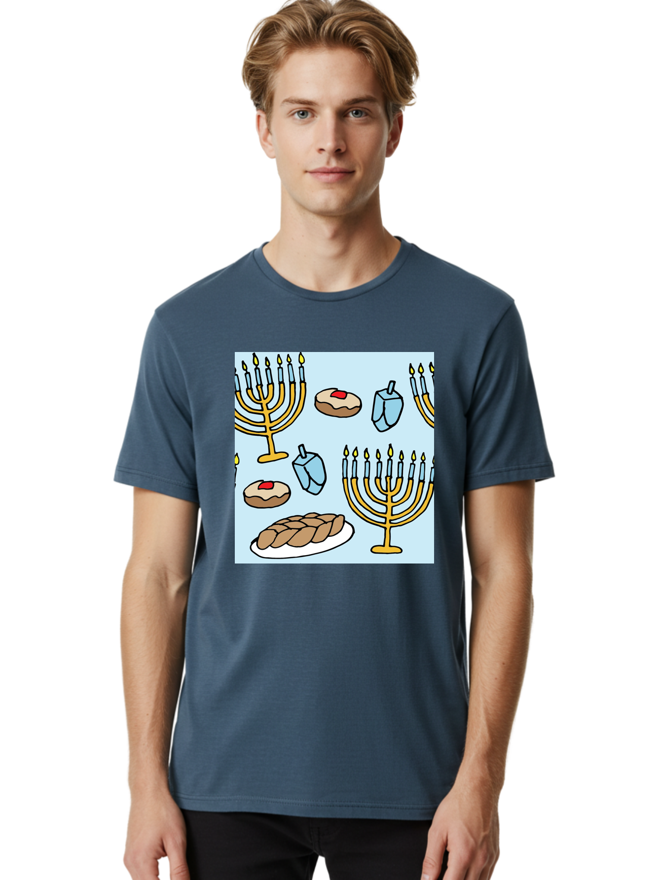 Hanukkah-Symbols Men'S Graphic Tee, 100% Cotton, Comfortable Casual Summer Wear, Machine Washable, Menorahs With Lit Candles, Sufganiyot Jelly Donuts, Dreidels, Challah Bread, Hanukkah Traditions, Jewish Holiday, Festive Food, -  Aaa910
