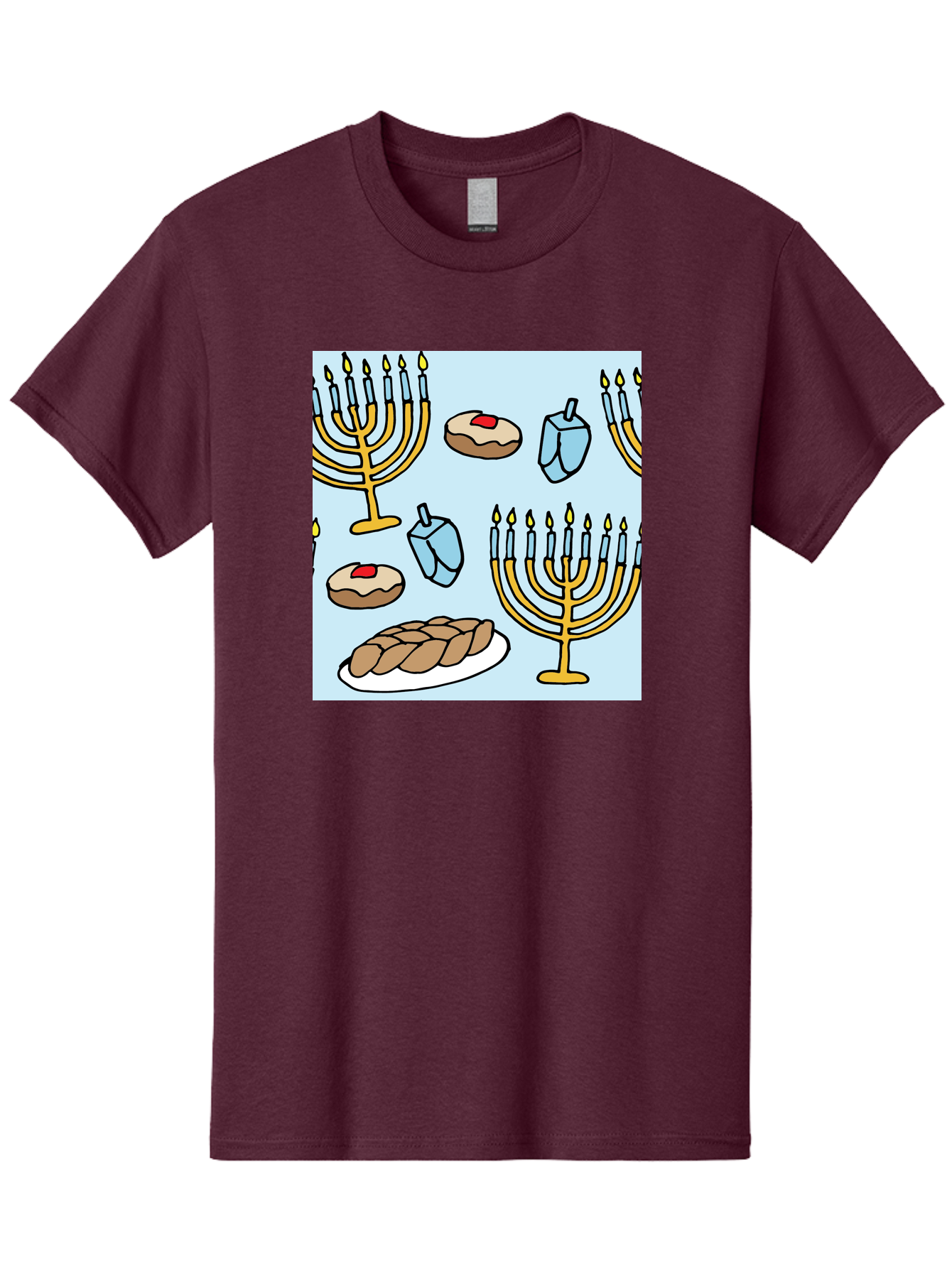 Hanukkah-Symbols Men'S Graphic Tee, 100% Cotton, Comfortable Casual Summer Wear, Machine Washable, Menorahs With Lit Candles, Sufganiyot Jelly Donuts, Dreidels, Challah Bread, Hanukkah Traditions, Jewish Holiday, Festive Food, -  Aaa910