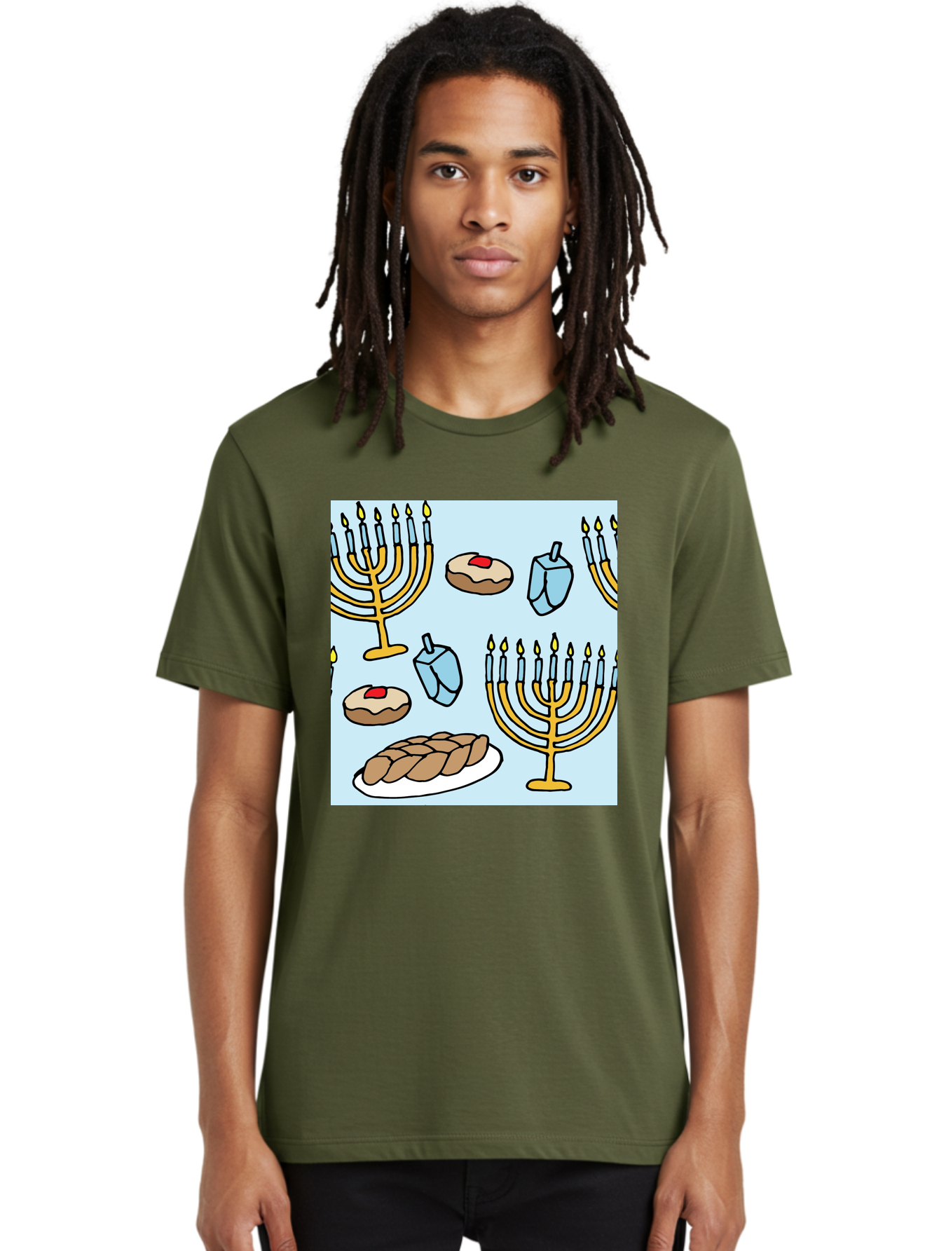 Hanukkah-Symbols Men'S Graphic Tee, 100% Cotton, Comfortable Casual Summer Wear, Machine Washable, Menorahs With Lit Candles, Sufganiyot Jelly Donuts, Dreidels, Challah Bread, Hanukkah Traditions, Jewish Holiday, Festive Food, -  Aaa910