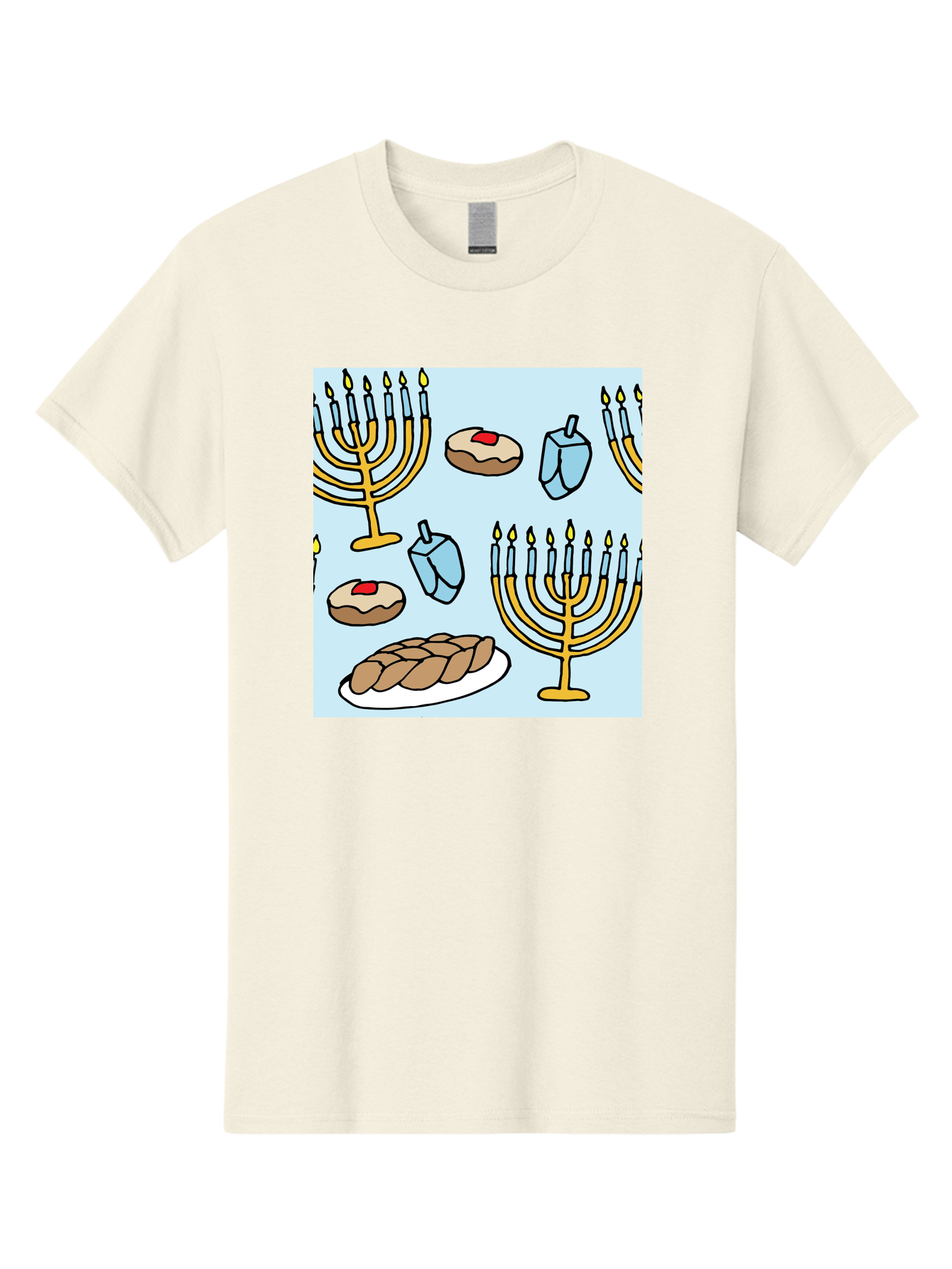 Hanukkah-Symbols Men'S Graphic Tee, 100% Cotton, Comfortable Casual Summer Wear, Machine Washable, Menorahs With Lit Candles, Sufganiyot Jelly Donuts, Dreidels, Challah Bread, Hanukkah Traditions, Jewish Holiday, Festive Food, -  Aaa910