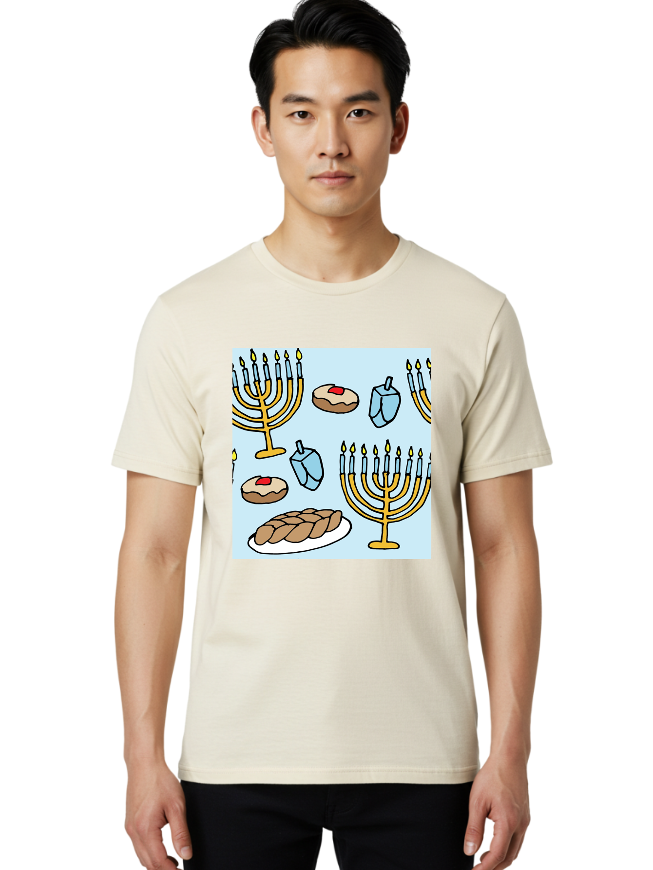 Hanukkah-Symbols Men'S Graphic Tee, 100% Cotton, Comfortable Casual Summer Wear, Machine Washable, Menorahs With Lit Candles, Sufganiyot Jelly Donuts, Dreidels, Challah Bread, Hanukkah Traditions, Jewish Holiday, Festive Food, -  Aaa910