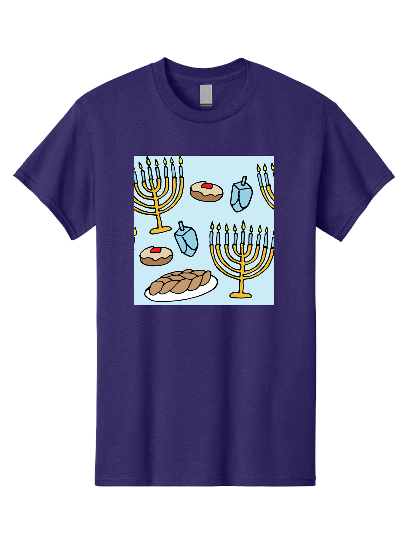 Hanukkah-Symbols Men'S Graphic Tee, 100% Cotton, Comfortable Casual Summer Wear, Machine Washable, Menorahs With Lit Candles, Sufganiyot Jelly Donuts, Dreidels, Challah Bread, Hanukkah Traditions, Jewish Holiday, Festive Food, -  Aaa910