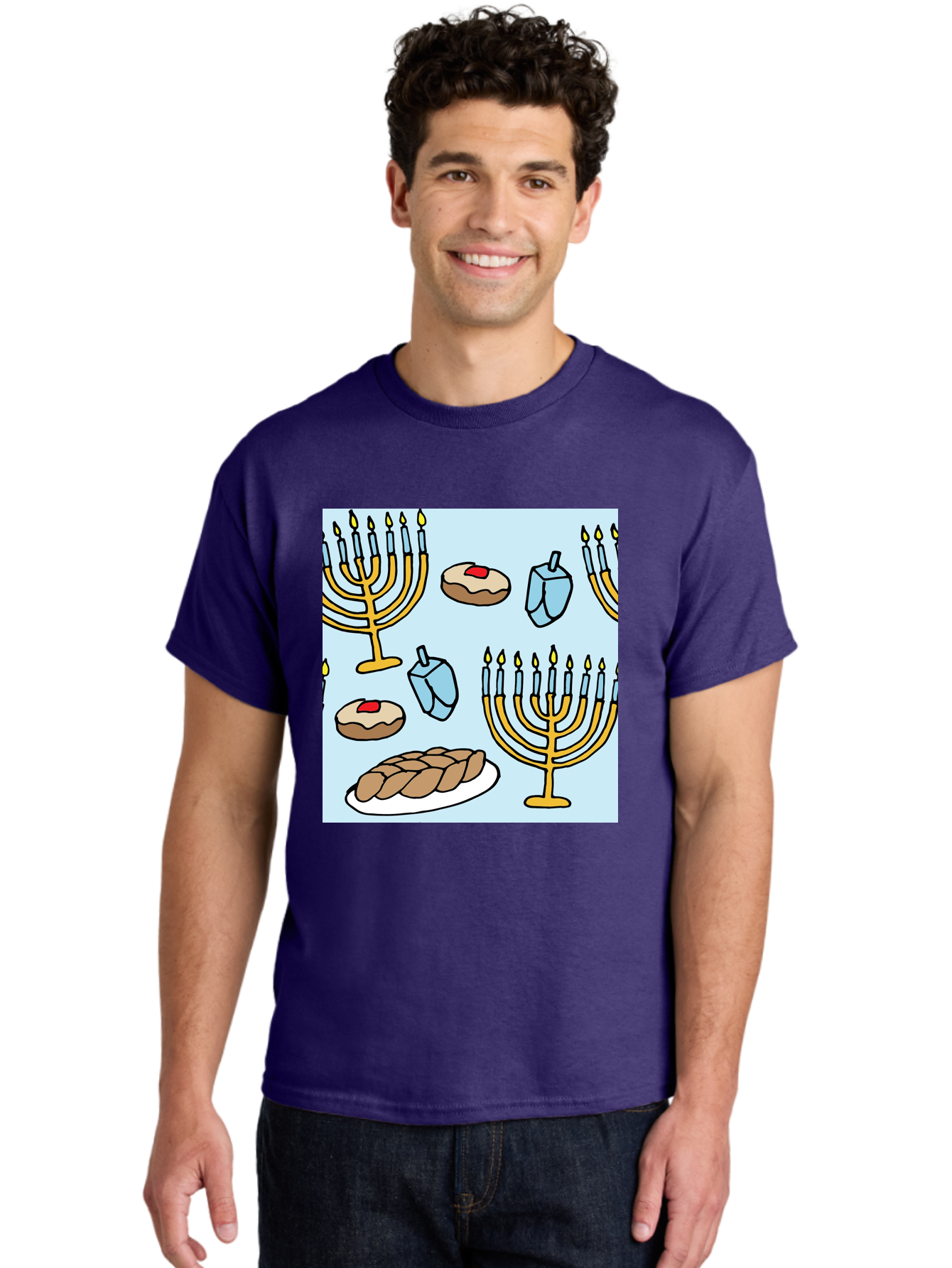 Hanukkah-Symbols Men'S Graphic Tee, 100% Cotton, Comfortable Casual Summer Wear, Machine Washable, Menorahs With Lit Candles, Sufganiyot Jelly Donuts, Dreidels, Challah Bread, Hanukkah Traditions, Jewish Holiday, Festive Food, -  Aaa910
