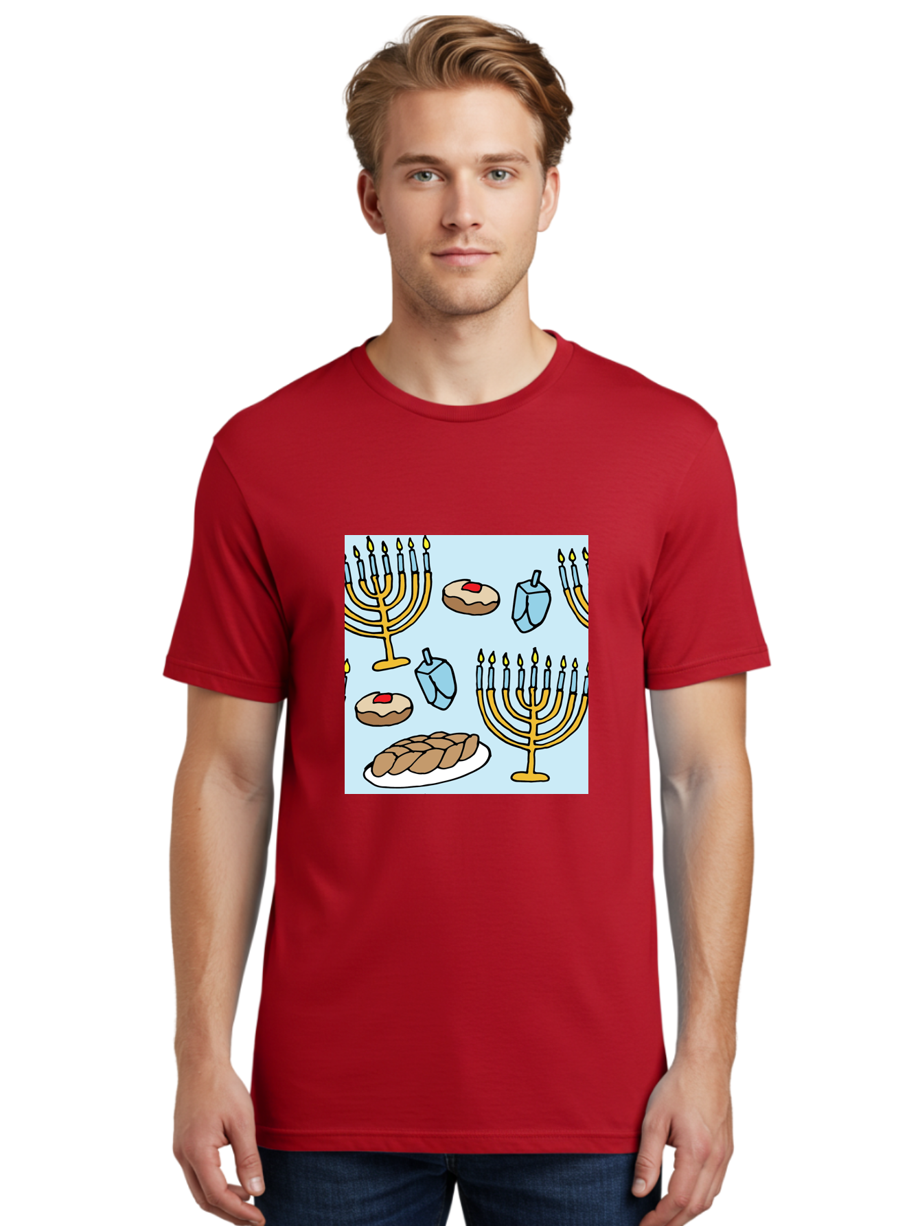 Hanukkah-Symbols Men'S Graphic Tee, 100% Cotton, Comfortable Casual Summer Wear, Machine Washable, Menorahs With Lit Candles, Sufganiyot Jelly Donuts, Dreidels, Challah Bread, Hanukkah Traditions, Jewish Holiday, Festive Food, -  Aaa910