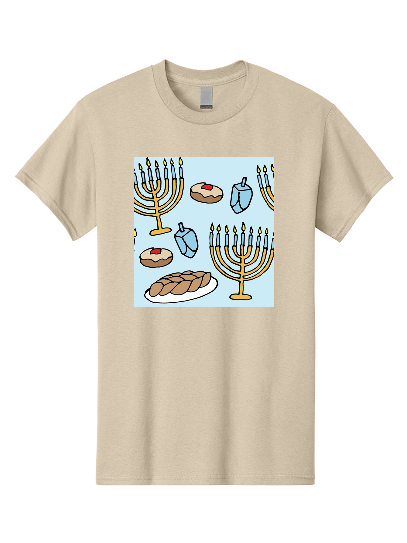 Hanukkah-Symbols Men'S Graphic Tee, 100% Cotton, Comfortable Casual Summer Wear, Machine Washable, Menorahs With Lit Candles, Sufganiyot Jelly Donuts, Dreidels, Challah Bread, Hanukkah Traditions, Jewish Holiday, Festive Food, -  Aaa910