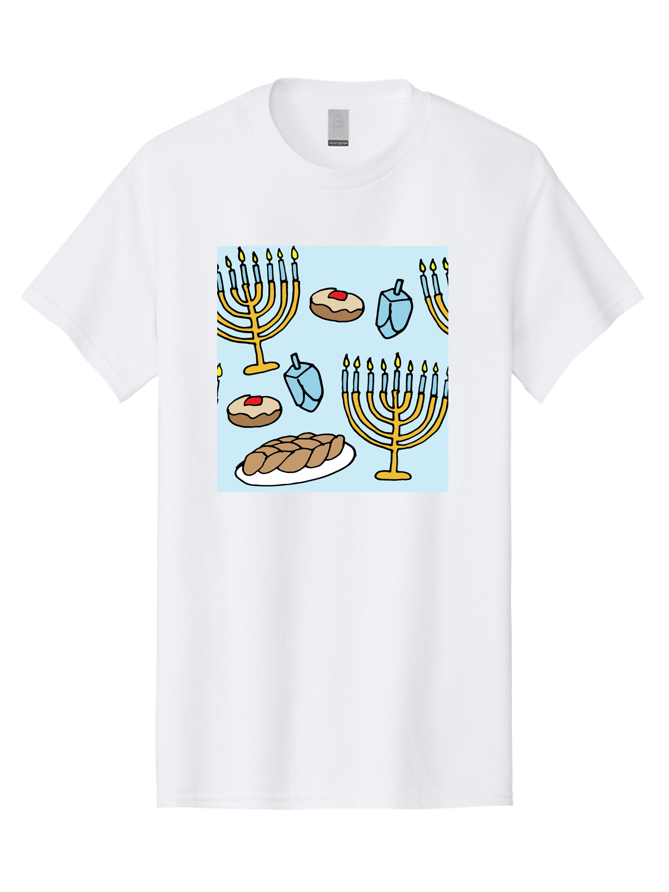 Hanukkah-Symbols Men'S Graphic Tee, 100% Cotton, Comfortable Casual Summer Wear, Machine Washable, Menorahs With Lit Candles, Sufganiyot Jelly Donuts, Dreidels, Challah Bread, Hanukkah Traditions, Jewish Holiday, Festive Food, -  Aaa910