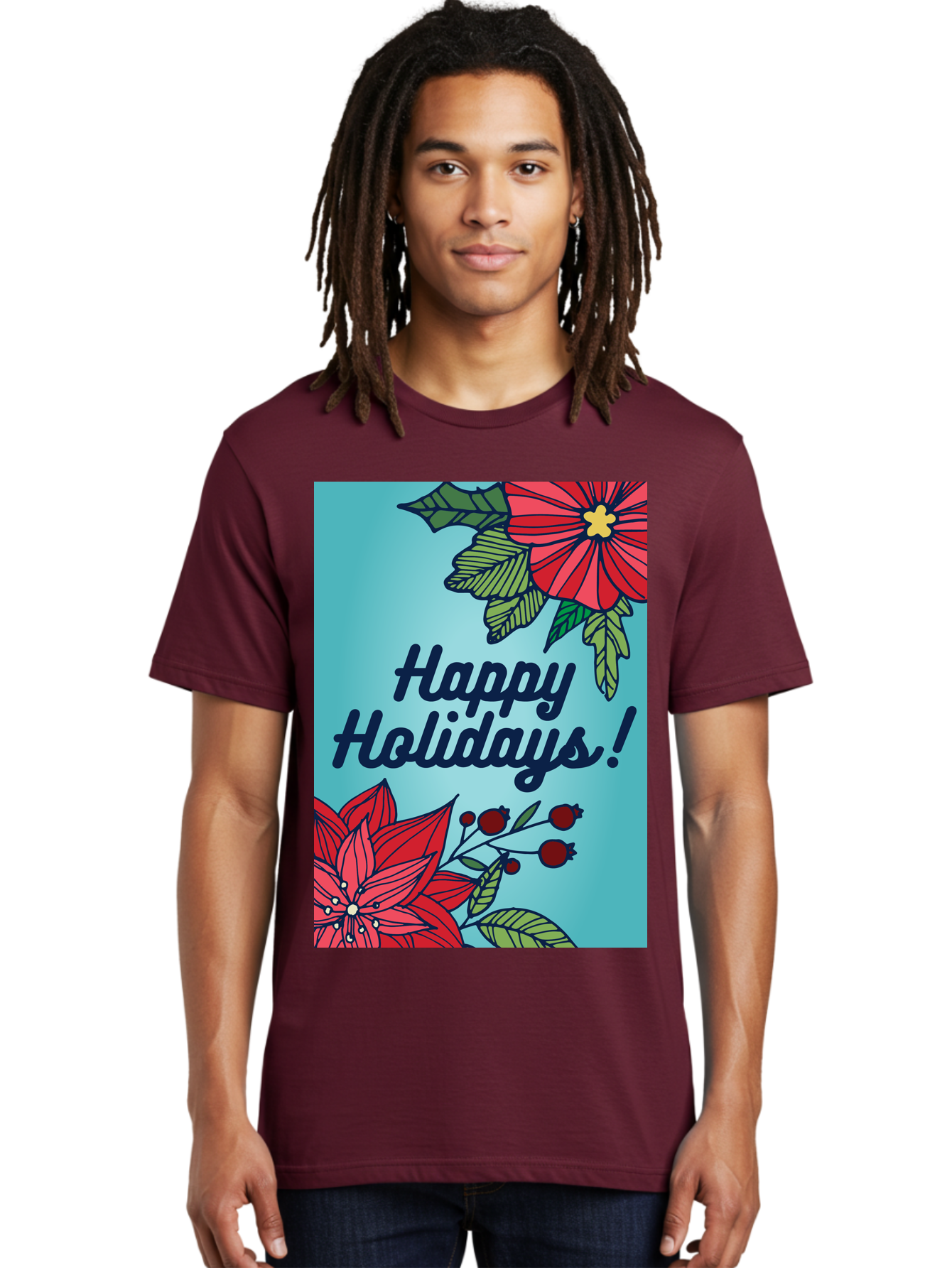 Happy-Holidays-5 Men'S Graphic Tee, 100% Cotton, Comfortable Casual Summer Wear, Machine Washable, Happy Holidays, Red Poinsettias, Festive Flowers, Holiday Cheer, Seasonal Greetings, Red Berries, Holly Leaves, Dark Blue Text, -  Aaa917