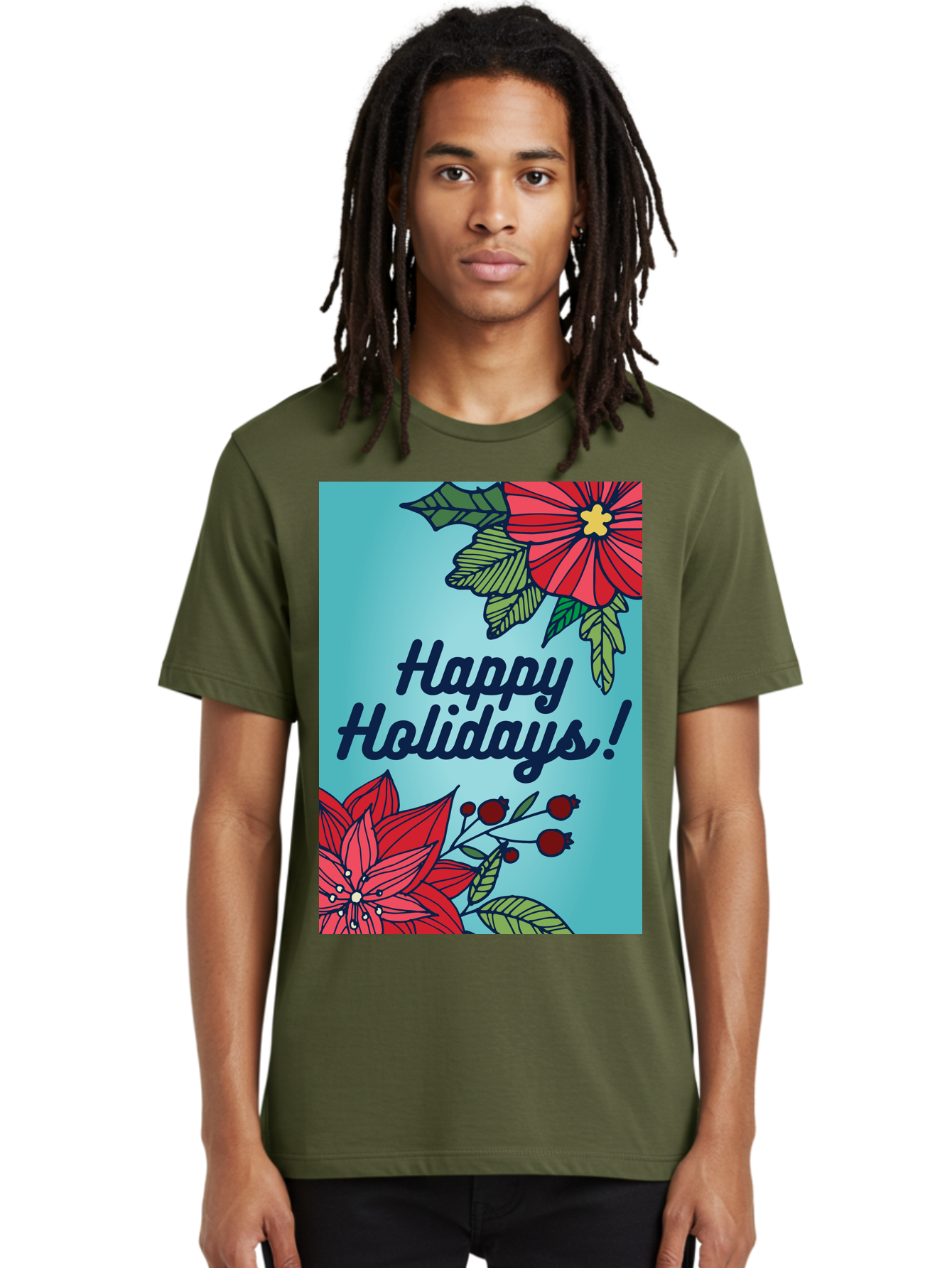Happy-Holidays-5 Men'S Graphic Tee, 100% Cotton, Comfortable Casual Summer Wear, Machine Washable, Happy Holidays, Red Poinsettias, Festive Flowers, Holiday Cheer, Seasonal Greetings, Red Berries, Holly Leaves, Dark Blue Text, -  Aaa917