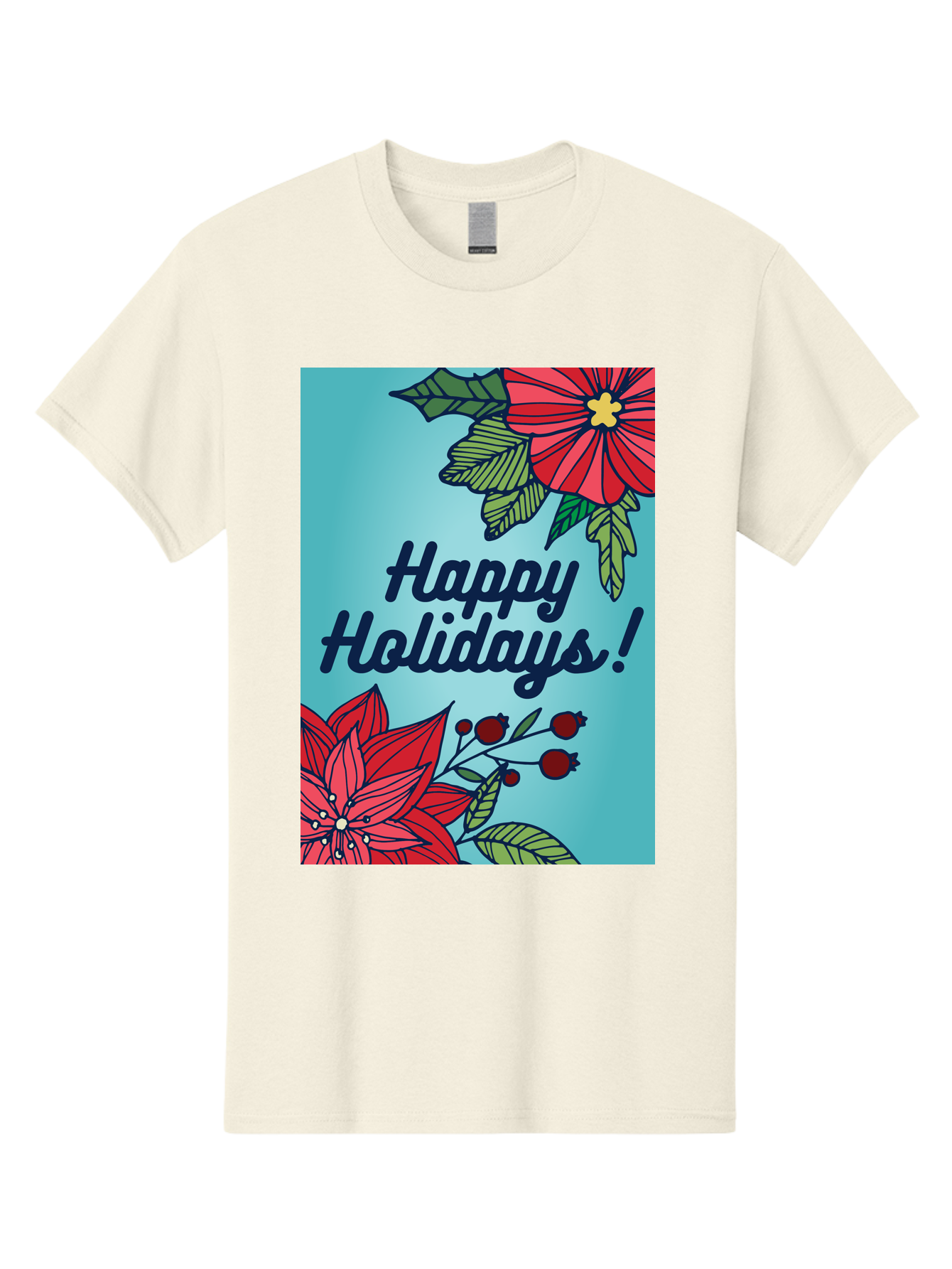 Happy-Holidays-5 Men'S Graphic Tee, 100% Cotton, Comfortable Casual Summer Wear, Machine Washable, Happy Holidays, Red Poinsettias, Festive Flowers, Holiday Cheer, Seasonal Greetings, Red Berries, Holly Leaves, Dark Blue Text, -  Aaa917