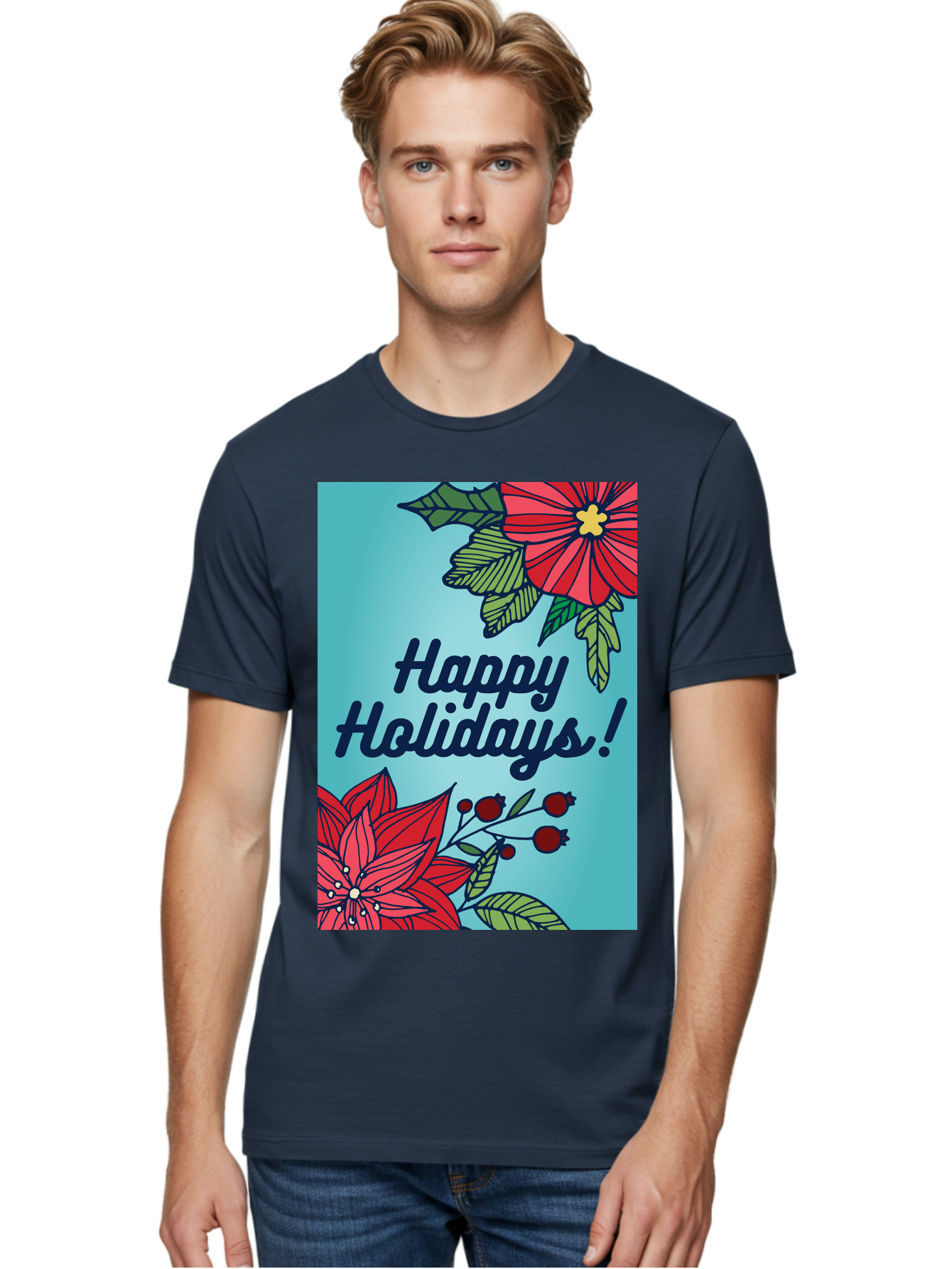 Happy-Holidays-5 Men'S Graphic Tee, 100% Cotton, Comfortable Casual Summer Wear, Machine Washable, Happy Holidays, Red Poinsettias, Festive Flowers, Holiday Cheer, Seasonal Greetings, Red Berries, Holly Leaves, Dark Blue Text, -  Aaa917