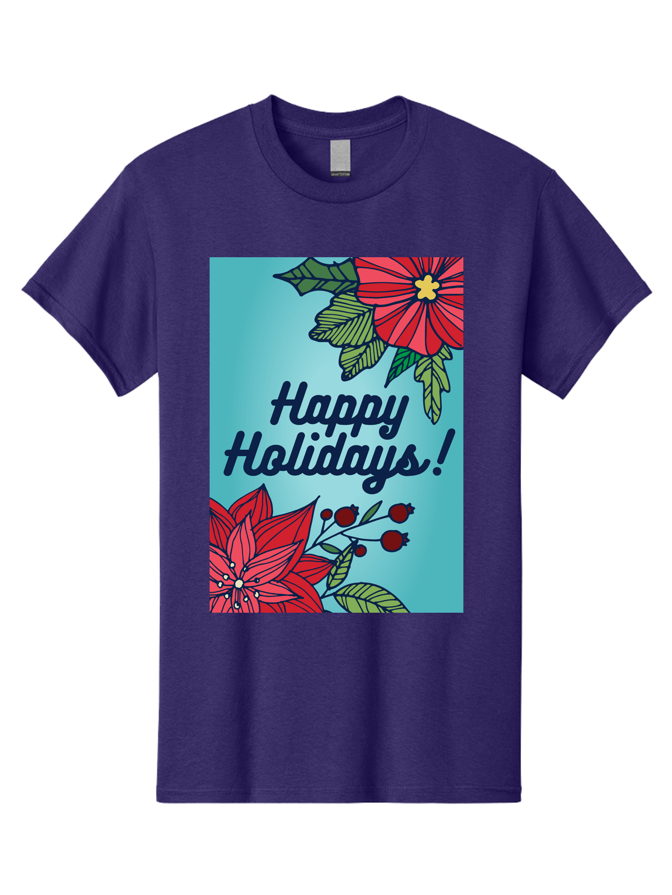 Happy-Holidays-5 Men'S Graphic Tee, 100% Cotton, Comfortable Casual Summer Wear, Machine Washable, Happy Holidays, Red Poinsettias, Festive Flowers, Holiday Cheer, Seasonal Greetings, Red Berries, Holly Leaves, Dark Blue Text, -  Aaa917