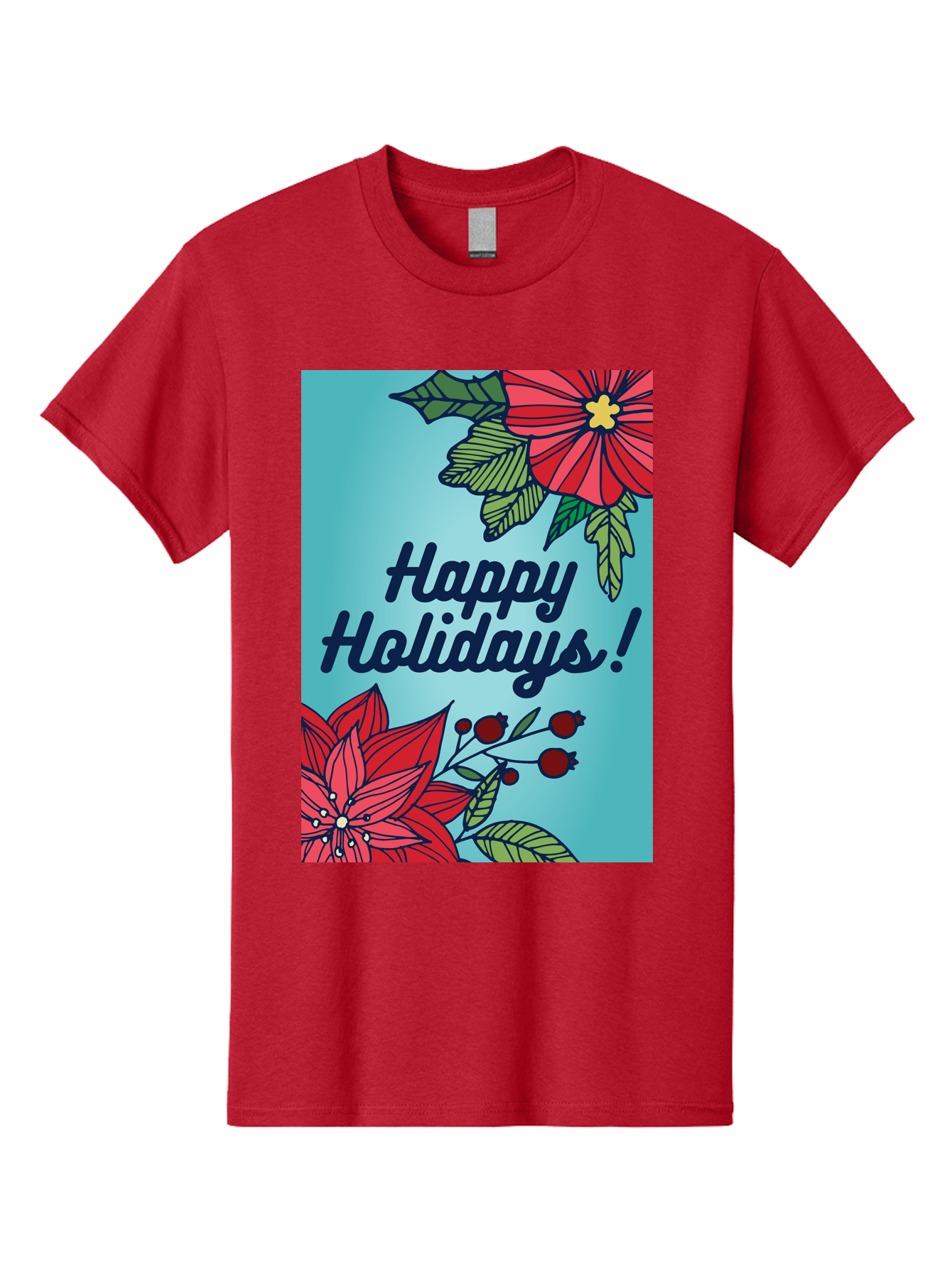 Happy-Holidays-5 Men'S Graphic Tee, 100% Cotton, Comfortable Casual Summer Wear, Machine Washable, Happy Holidays, Red Poinsettias, Festive Flowers, Holiday Cheer, Seasonal Greetings, Red Berries, Holly Leaves, Dark Blue Text, -  Aaa917