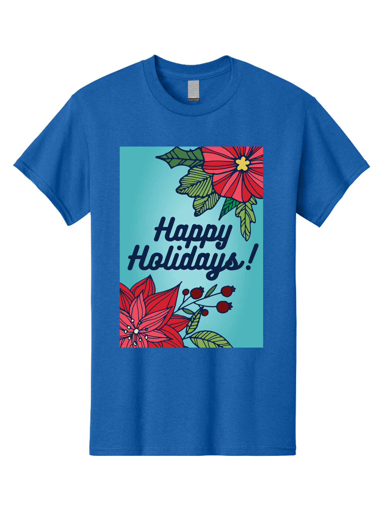 Happy-Holidays-5 Men'S Graphic Tee, 100% Cotton, Comfortable Casual Summer Wear, Machine Washable, Happy Holidays, Red Poinsettias, Festive Flowers, Holiday Cheer, Seasonal Greetings, Red Berries, Holly Leaves, Dark Blue Text, -  Aaa917