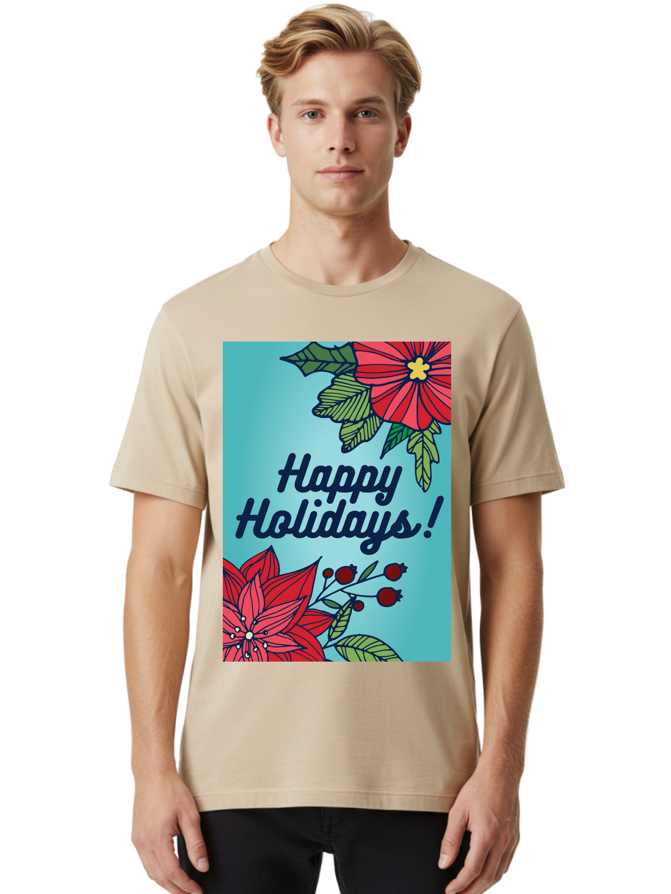 Happy-Holidays-5 Men'S Graphic Tee, 100% Cotton, Comfortable Casual Summer Wear, Machine Washable, Happy Holidays, Red Poinsettias, Festive Flowers, Holiday Cheer, Seasonal Greetings, Red Berries, Holly Leaves, Dark Blue Text, -  Aaa917
