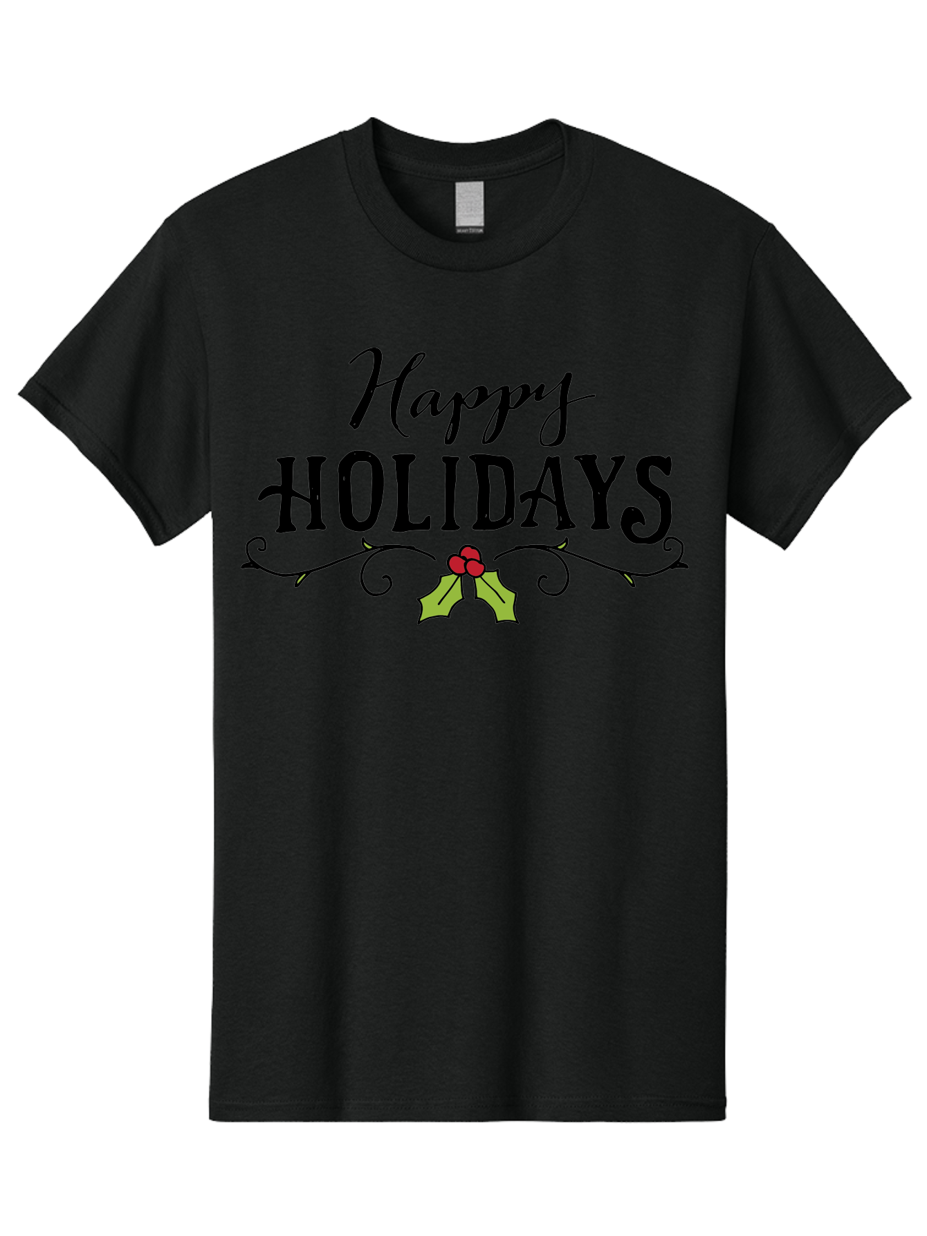 Happy-Holidays-6 Men'S Graphic Tee, 100% Cotton, Comfortable Casual Summer Wear, Machine Washable, Happy Holidays, Holiday Cheer, Festive Season, Holly Leaves, Red Berries, Black Script, Vintage Typography, Christmas Greetings, -  Aaa918