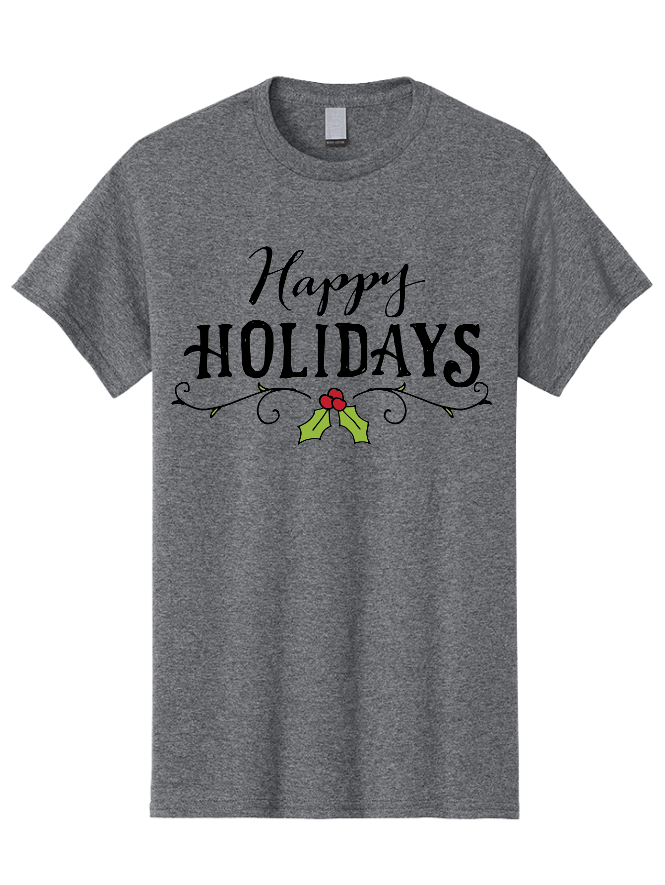 Happy-Holidays-6 Men'S Graphic Tee, 100% Cotton, Comfortable Casual Summer Wear, Machine Washable, Happy Holidays, Holiday Cheer, Festive Season, Holly Leaves, Red Berries, Black Script, Vintage Typography, Christmas Greetings, -  Aaa918