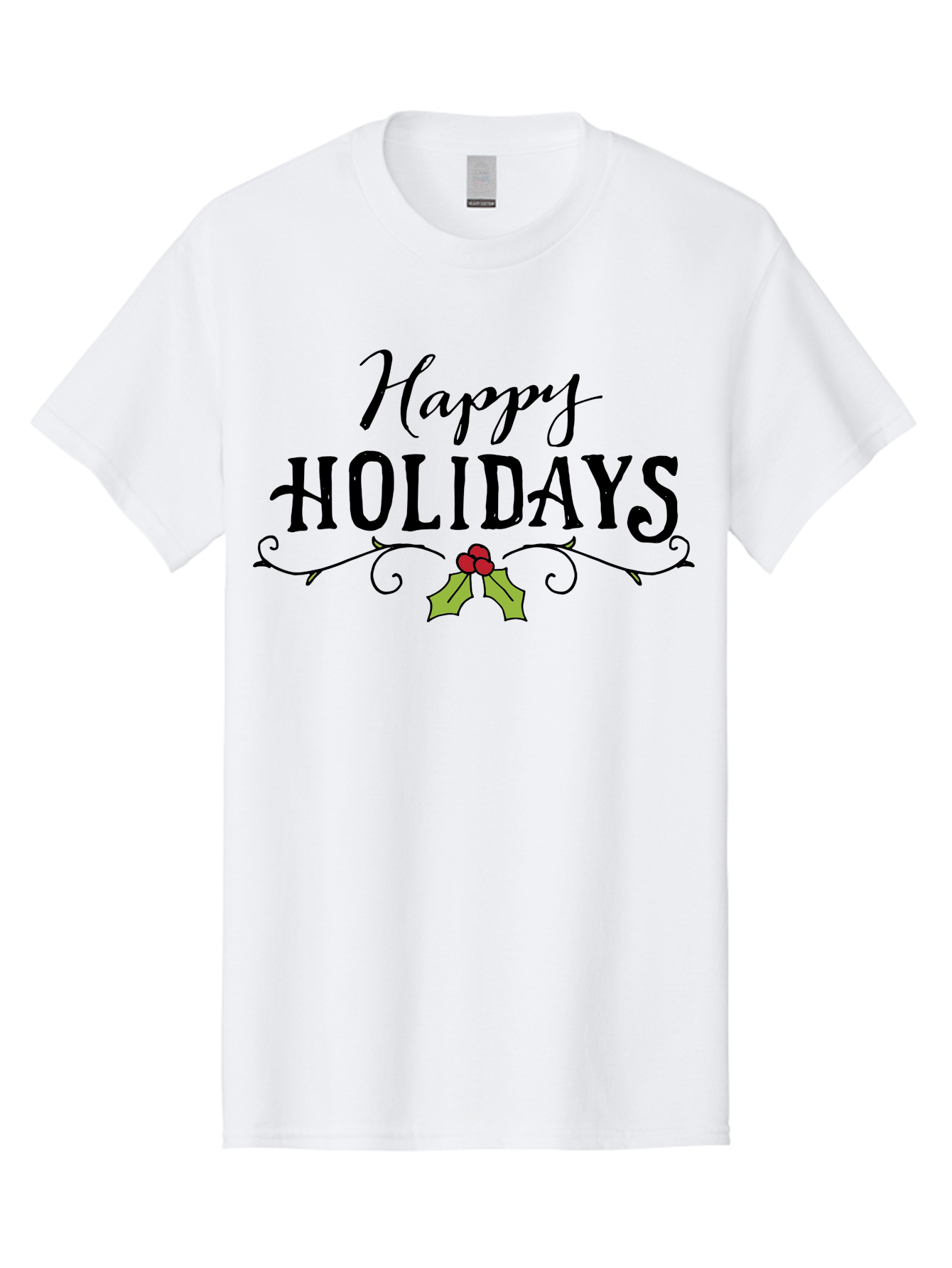 Happy-Holidays-6 Men'S Graphic Tee, 100% Cotton, Comfortable Casual Summer Wear, Machine Washable, Happy Holidays, Holiday Cheer, Festive Season, Holly Leaves, Red Berries, Black Script, Vintage Typography, Christmas Greetings, -  Aaa918