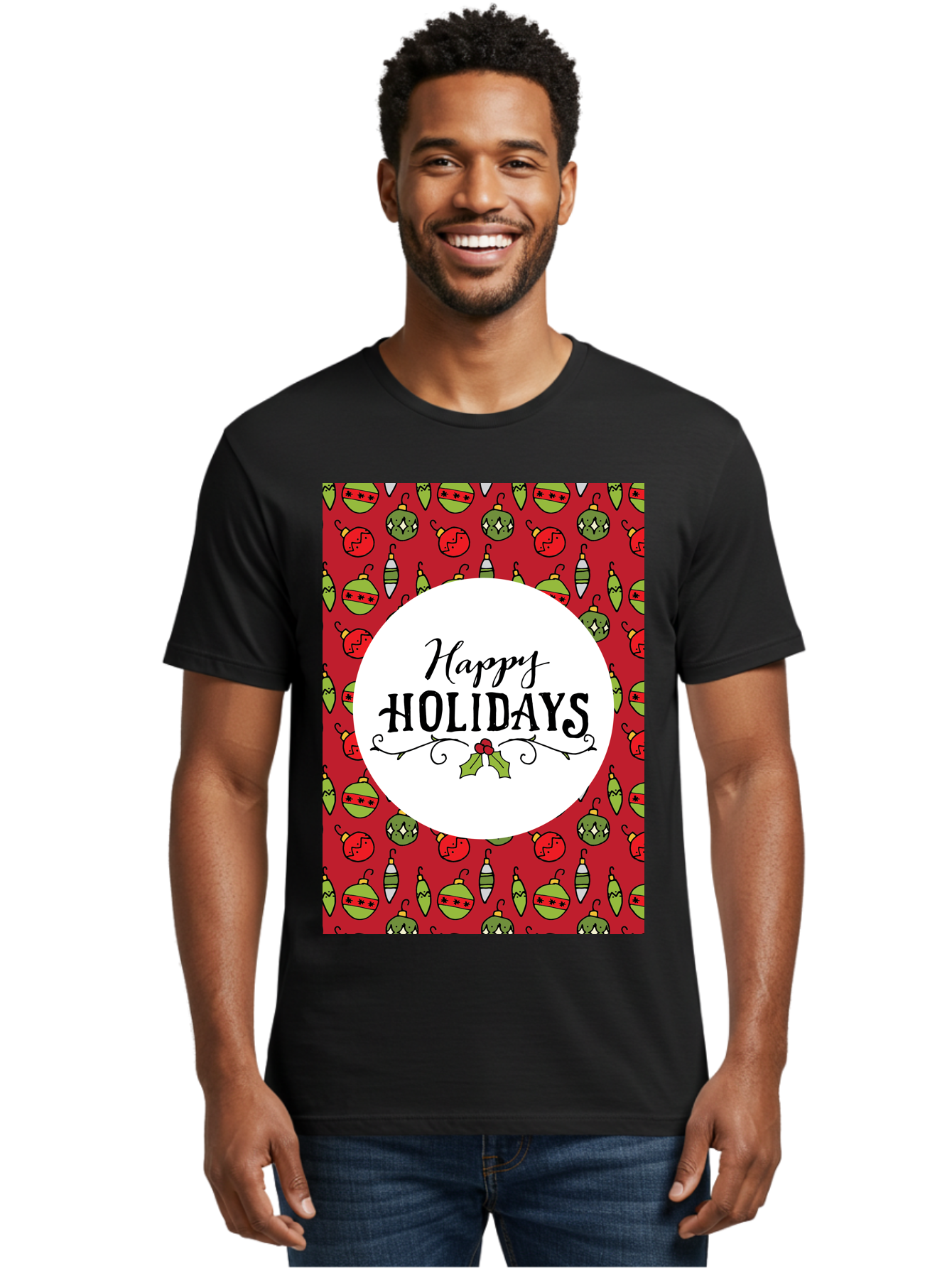 Happy-Holidays-7 Men'S Graphic Tee, 100% Cotton, Comfortable Casual Summer Wear, Machine Washable, Happy Holidays Greeting, Christmas Ornaments, Festive Decorations, Holiday Cheer, Red And Green Theme, Winter Season, Holiday Wishes, -  Aaa919