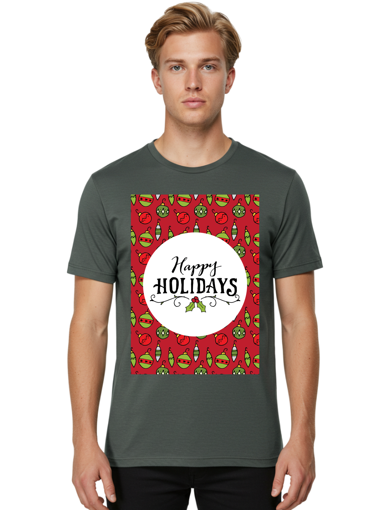 Happy-Holidays-7 Men'S Graphic Tee, 100% Cotton, Comfortable Casual Summer Wear, Machine Washable, Happy Holidays Greeting, Christmas Ornaments, Festive Decorations, Holiday Cheer, Red And Green Theme, Winter Season, Holiday Wishes, -  Aaa919