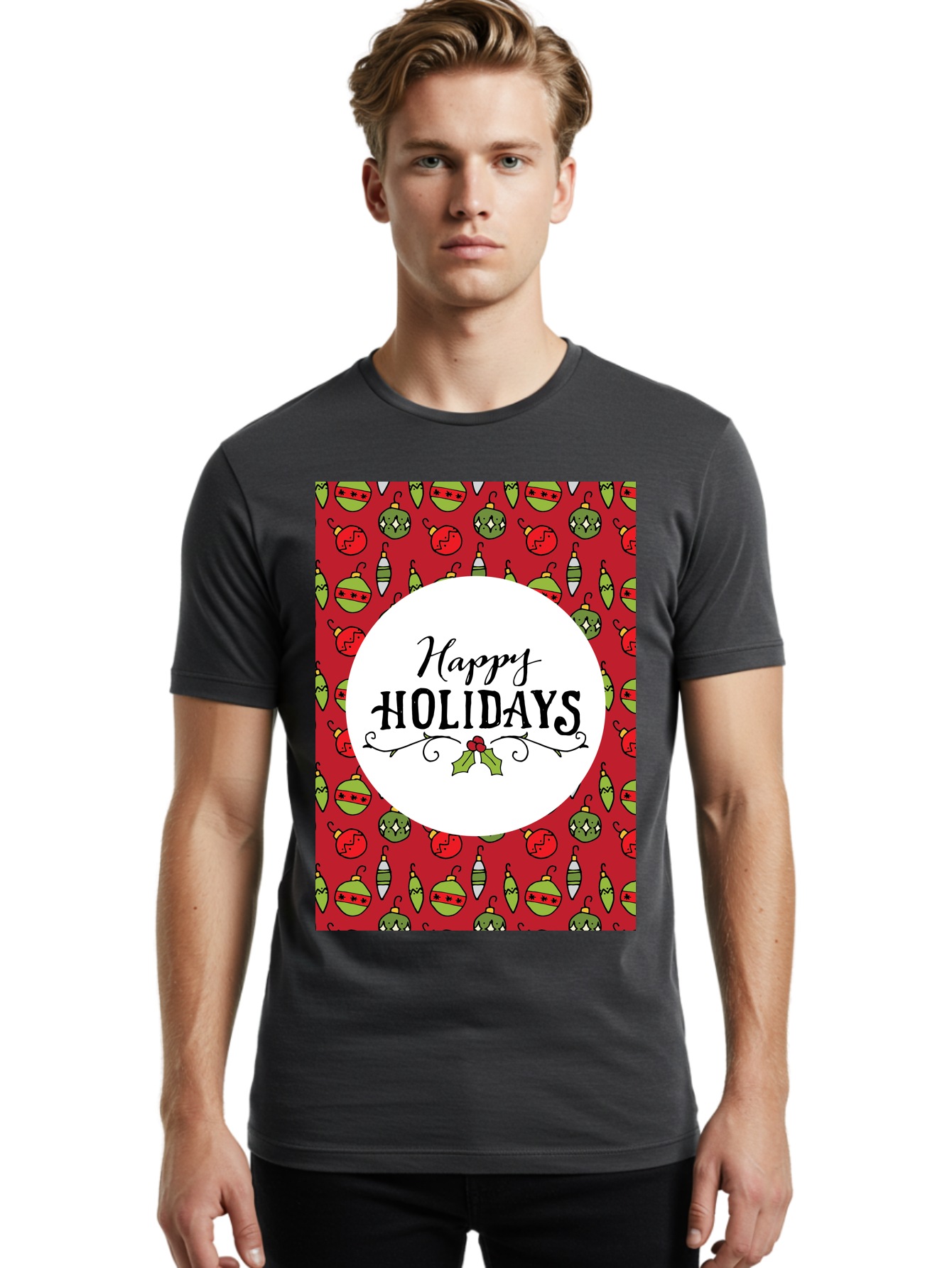 Happy-Holidays-7 Men'S Graphic Tee, 100% Cotton, Comfortable Casual Summer Wear, Machine Washable, Happy Holidays Greeting, Christmas Ornaments, Festive Decorations, Holiday Cheer, Red And Green Theme, Winter Season, Holiday Wishes, -  Aaa919