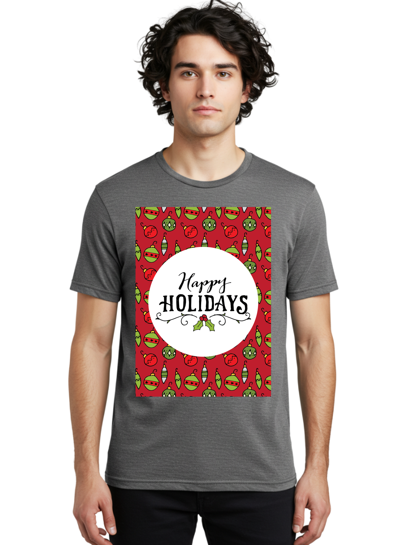 Happy-Holidays-7 Men'S Graphic Tee, 100% Cotton, Comfortable Casual Summer Wear, Machine Washable, Happy Holidays Greeting, Christmas Ornaments, Festive Decorations, Holiday Cheer, Red And Green Theme, Winter Season, Holiday Wishes, -  Aaa919