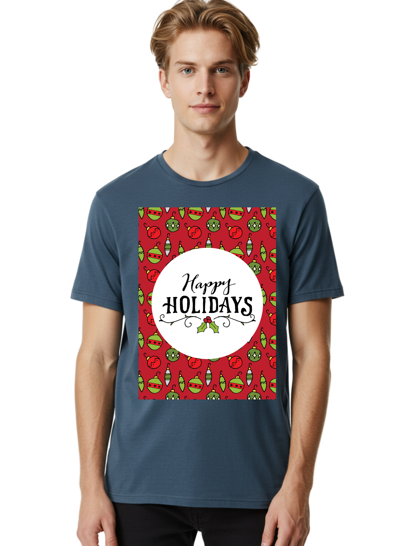 Happy-Holidays-7 Men'S Graphic Tee, 100% Cotton, Comfortable Casual Summer Wear, Machine Washable, Happy Holidays Greeting, Christmas Ornaments, Festive Decorations, Holiday Cheer, Red And Green Theme, Winter Season, Holiday Wishes, -  Aaa919