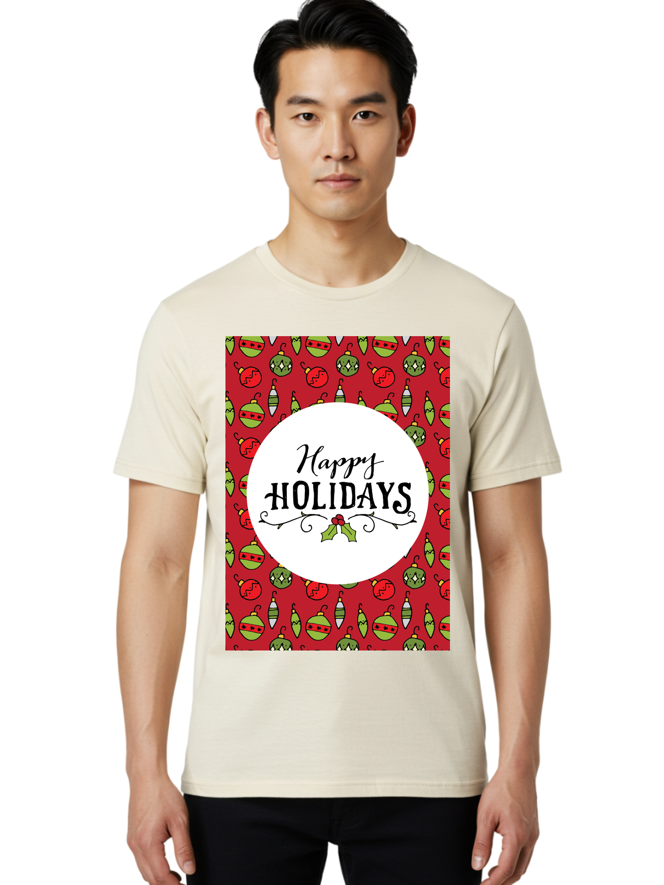 Happy-Holidays-7 Men'S Graphic Tee, 100% Cotton, Comfortable Casual Summer Wear, Machine Washable, Happy Holidays Greeting, Christmas Ornaments, Festive Decorations, Holiday Cheer, Red And Green Theme, Winter Season, Holiday Wishes, -  Aaa919