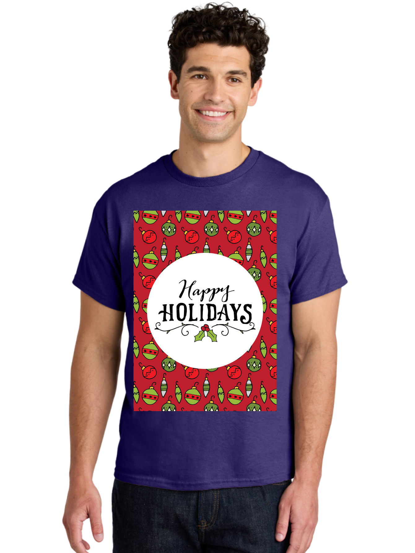 Happy-Holidays-7 Men'S Graphic Tee, 100% Cotton, Comfortable Casual Summer Wear, Machine Washable, Happy Holidays Greeting, Christmas Ornaments, Festive Decorations, Holiday Cheer, Red And Green Theme, Winter Season, Holiday Wishes, -  Aaa919