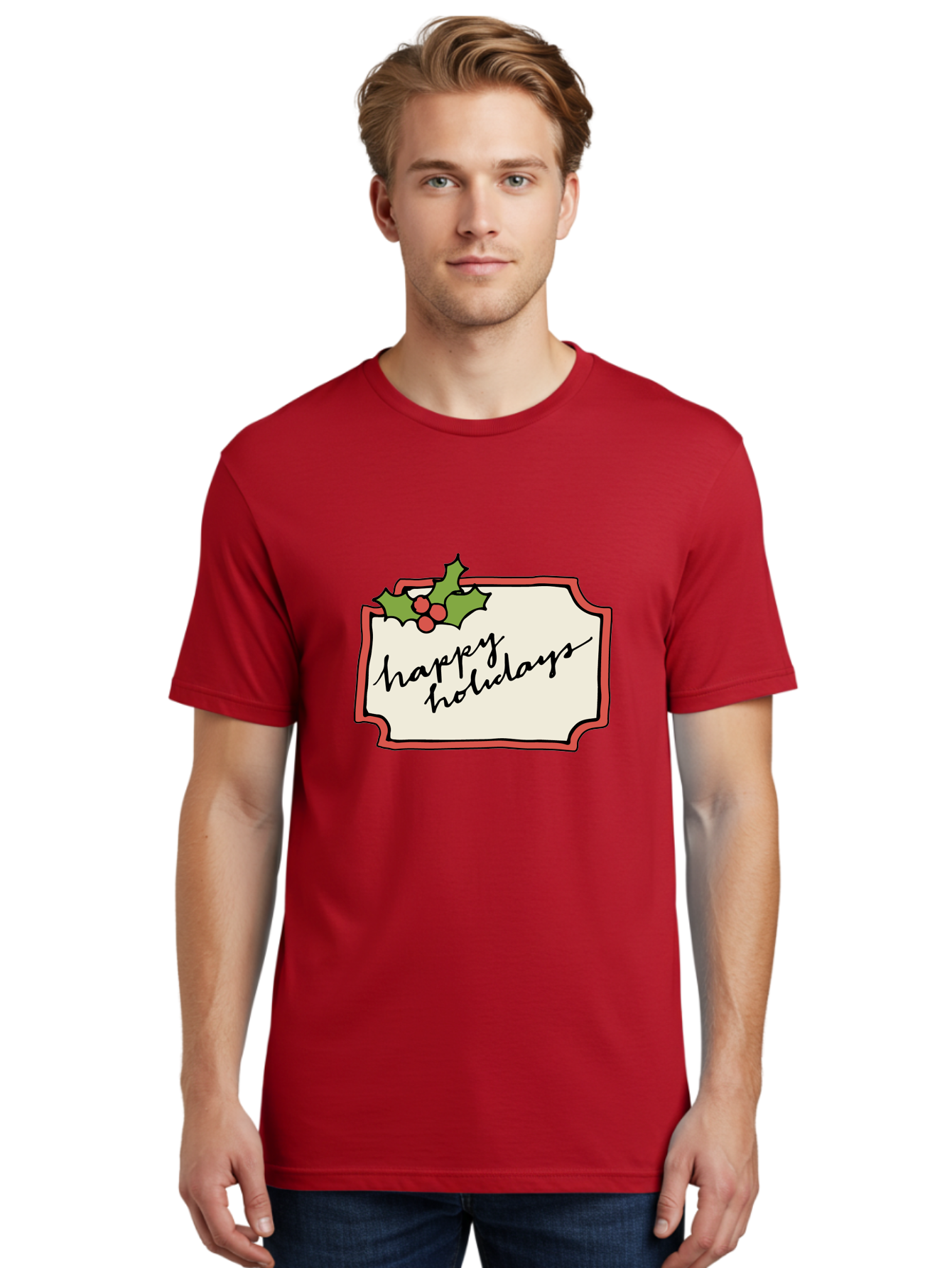 Happy-Holidays Men'S Graphic Tee, 100% Cotton, Comfortable Casual Summer Wear, Machine Washable, Happy Holidays, Festive Season, Holiday Cheer, Red Berries, Holly Leaves, Greeting Card, Celebration, Winter Wonderland, Joyous Occasion, -  Aaa921