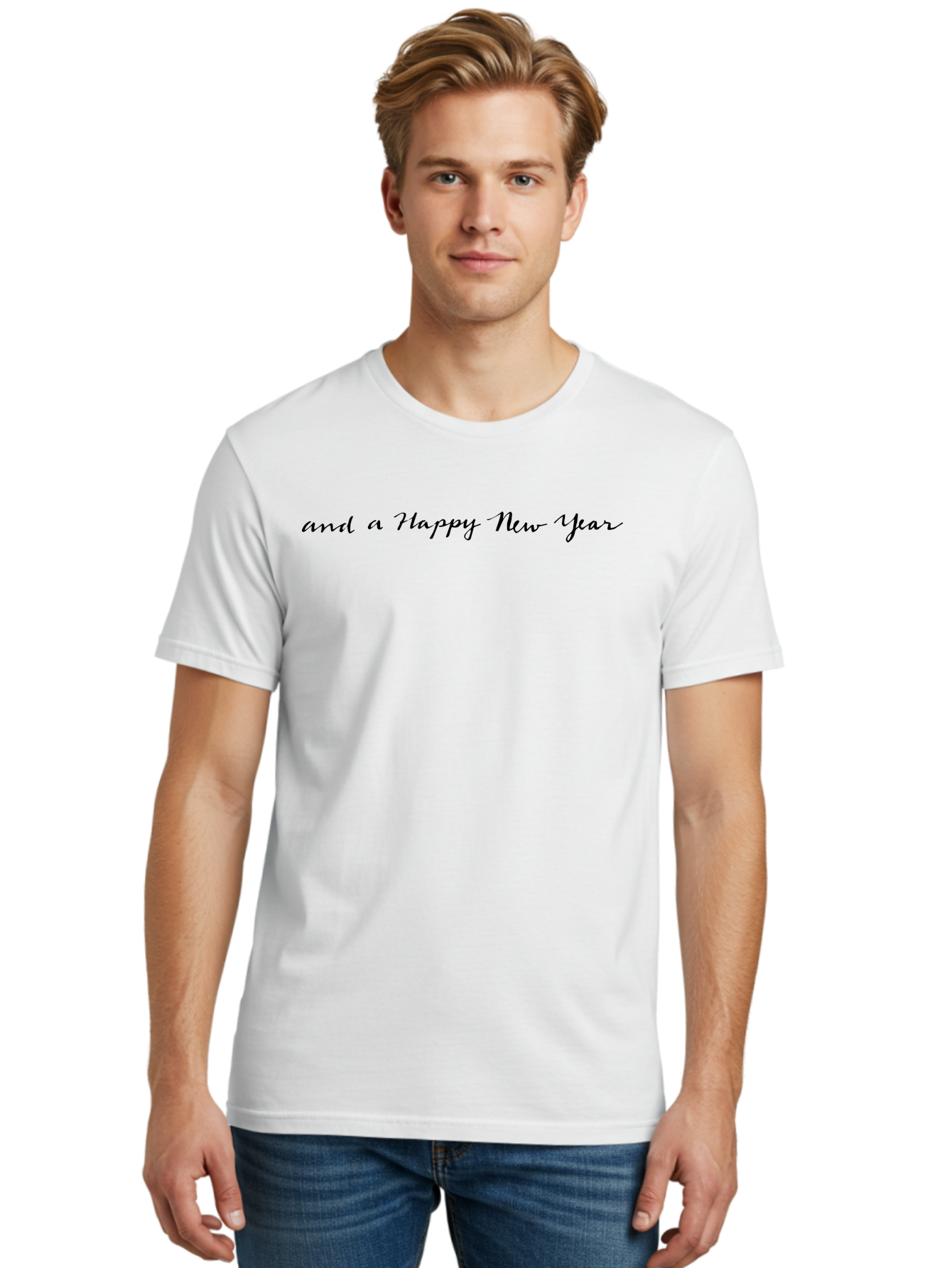 Happy-New-Year-1 Men'S Graphic Tee, 100% Cotton, Comfortable Casual Summer Wear, Machine Washable, Happy New Year Wishes, New Year Greeting, Holiday Message, Celebratory Text, Cursive Script, Festive Wishes, New Beginnings -  Aaa923