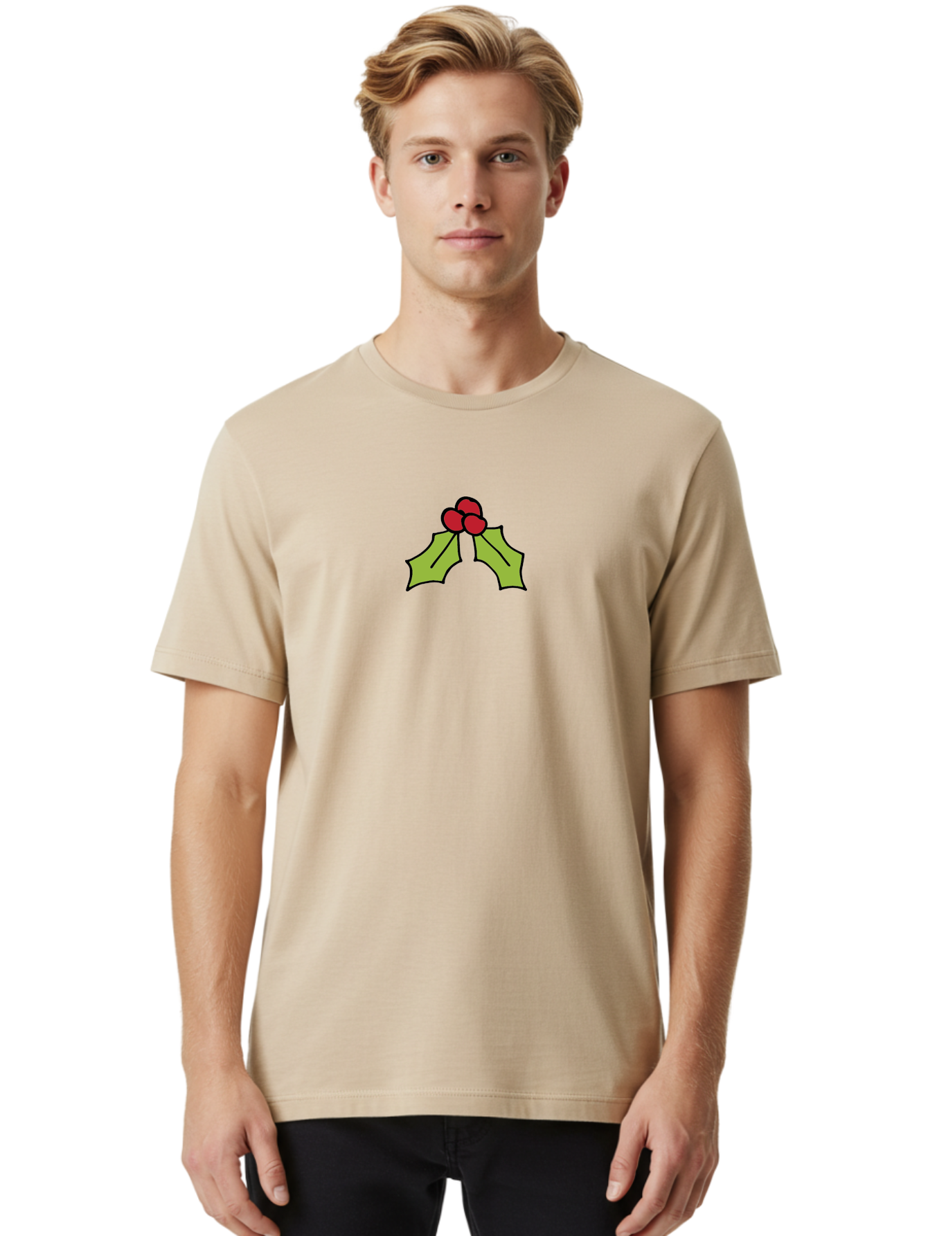 Holly-5 Men'S Graphic Tee, 100% Cotton, Comfortable Casual Summer Wear, Machine Washable, Holiday Decoration, Festive Symbol, Christmas Icon, Red Berries, Green Leaves, Winter Decor, Seasonal Graphic, Cartoon Illustration, Simple Design -  Aaa932