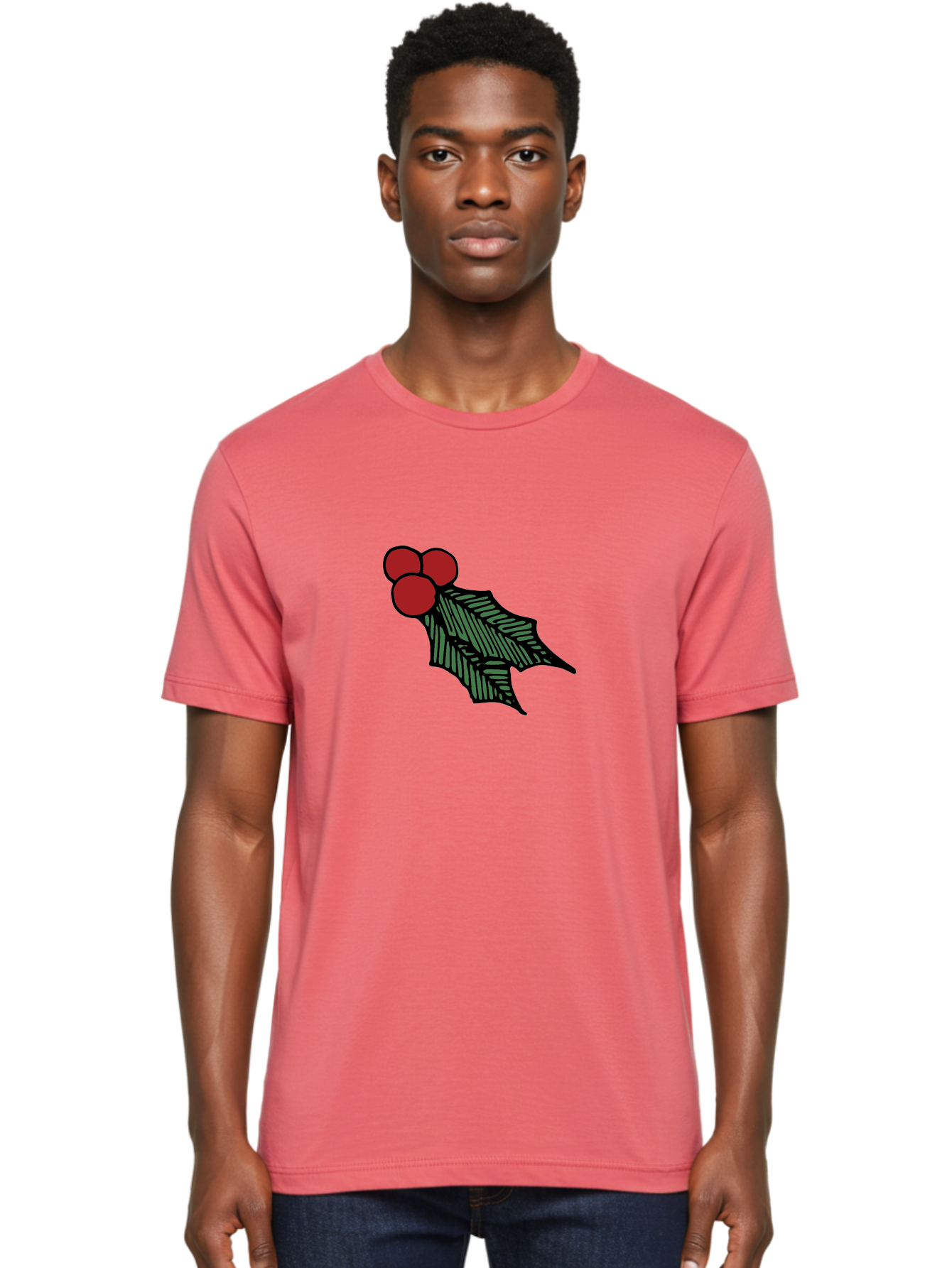 Holly-Leaf-With-Berries Men'S Graphic Tee, 100% Cotton, Comfortable Casual Summer Wear, Machine Washable, Holiday Decor, Festive Illustration, Christmas Symbolism, Holly Leaves, Red Berries, Winter Decoration, Seasonal Graphics -  Aaa933