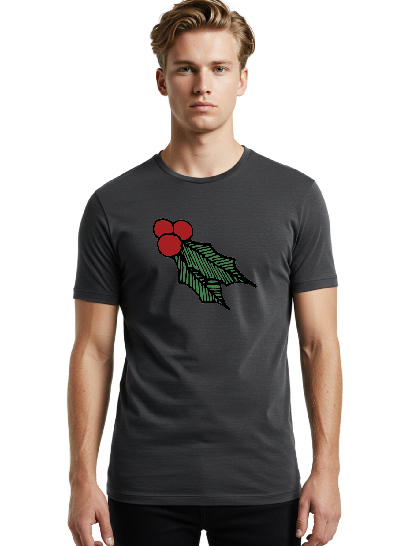 Holly-Leaf-With-Berries Men'S Graphic Tee, 100% Cotton, Comfortable Casual Summer Wear, Machine Washable, Holiday Decor, Festive Illustration, Christmas Symbolism, Holly Leaves, Red Berries, Winter Decoration, Seasonal Graphics -  Aaa933