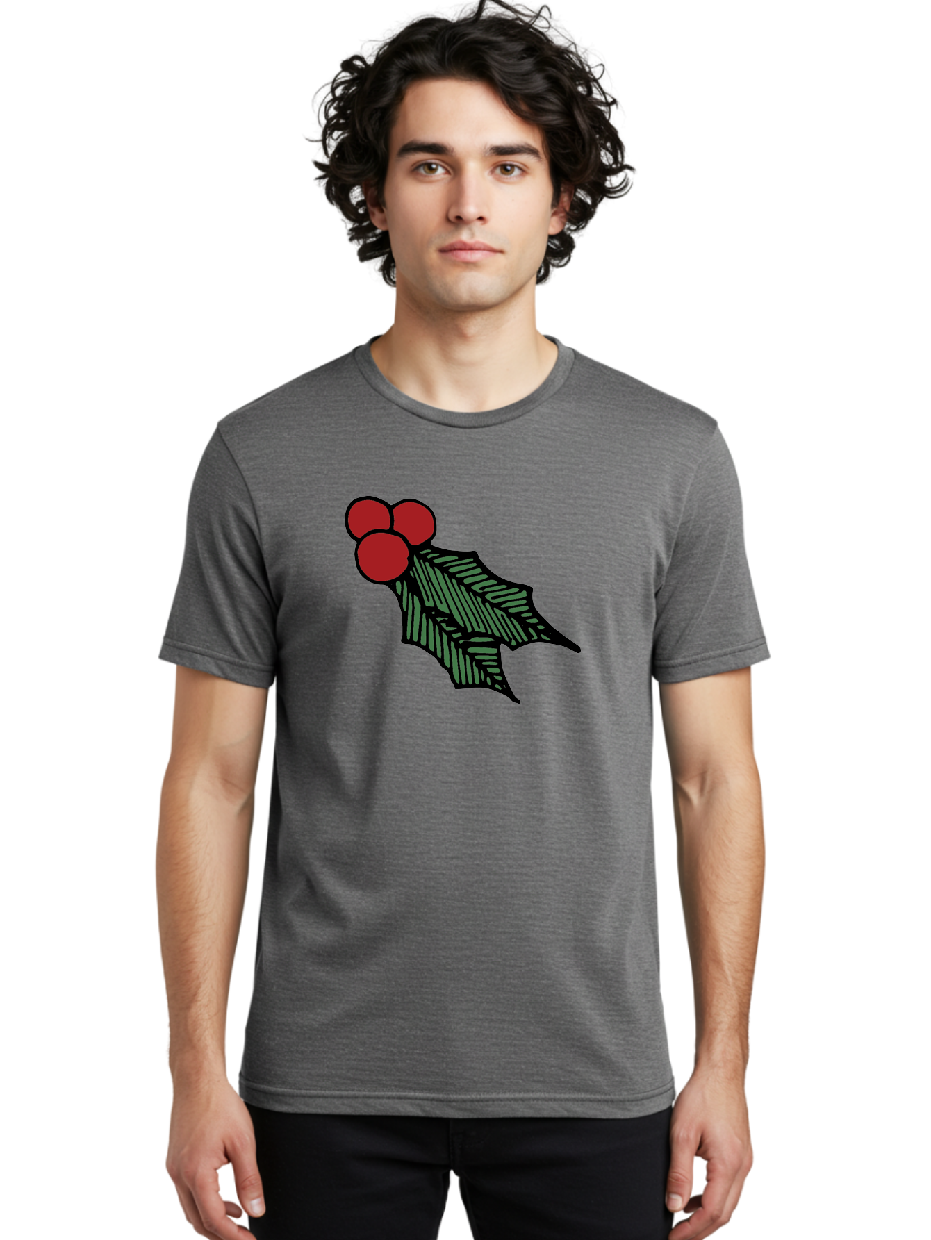 Holly-Leaf-With-Berries Men'S Graphic Tee, 100% Cotton, Comfortable Casual Summer Wear, Machine Washable, Holiday Decor, Festive Illustration, Christmas Symbolism, Holly Leaves, Red Berries, Winter Decoration, Seasonal Graphics -  Aaa933