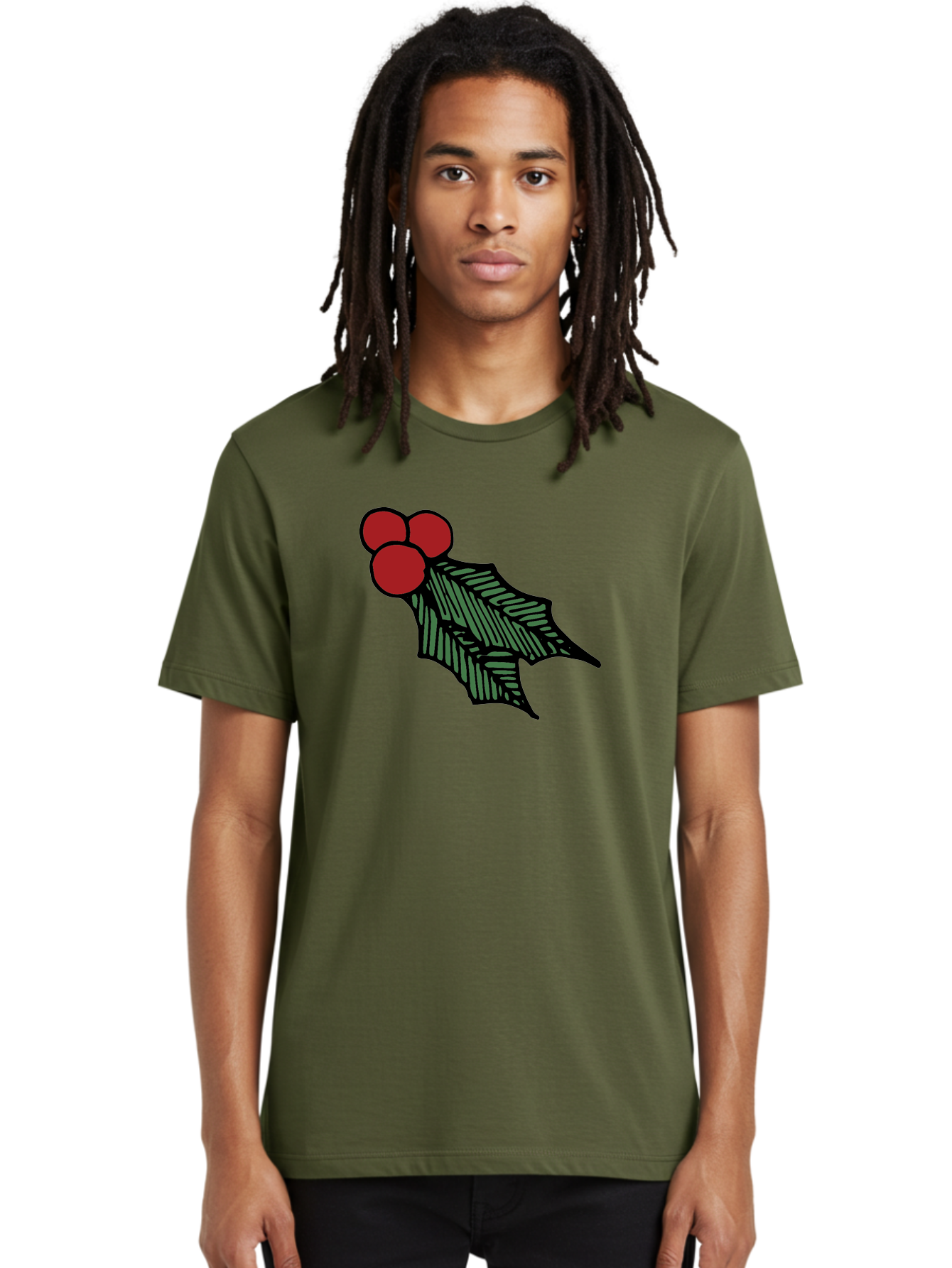 Holly-Leaf-With-Berries Men'S Graphic Tee, 100% Cotton, Comfortable Casual Summer Wear, Machine Washable, Holiday Decor, Festive Illustration, Christmas Symbolism, Holly Leaves, Red Berries, Winter Decoration, Seasonal Graphics -  Aaa933