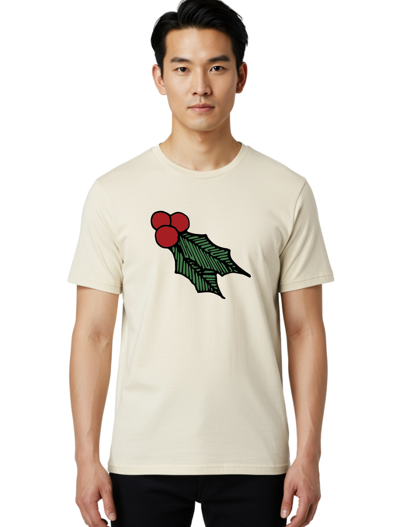 Holly-Leaf-With-Berries Men'S Graphic Tee, 100% Cotton, Comfortable Casual Summer Wear, Machine Washable, Holiday Decor, Festive Illustration, Christmas Symbolism, Holly Leaves, Red Berries, Winter Decoration, Seasonal Graphics -  Aaa933