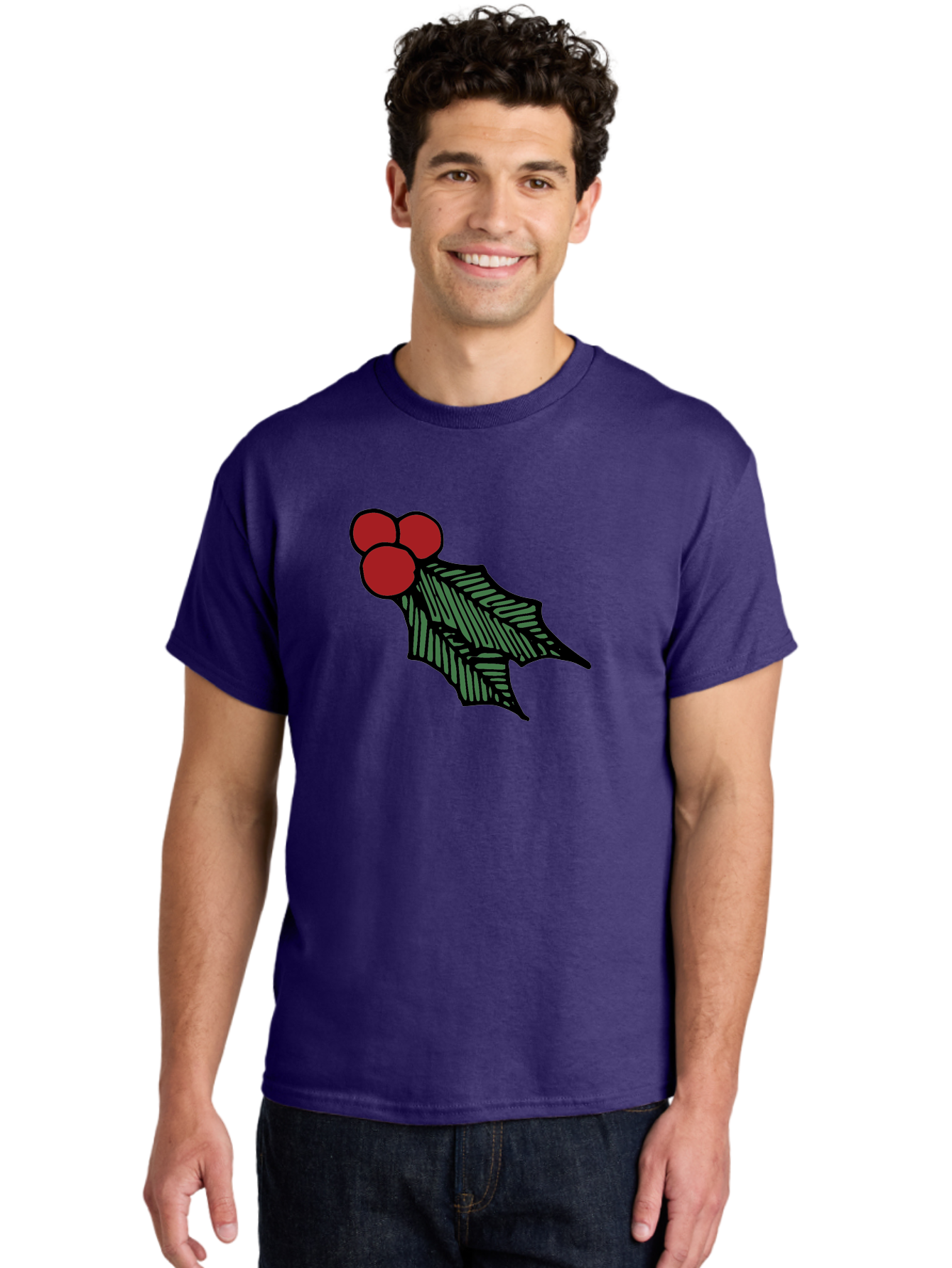 Holly-Leaf-With-Berries Men'S Graphic Tee, 100% Cotton, Comfortable Casual Summer Wear, Machine Washable, Holiday Decor, Festive Illustration, Christmas Symbolism, Holly Leaves, Red Berries, Winter Decoration, Seasonal Graphics -  Aaa933