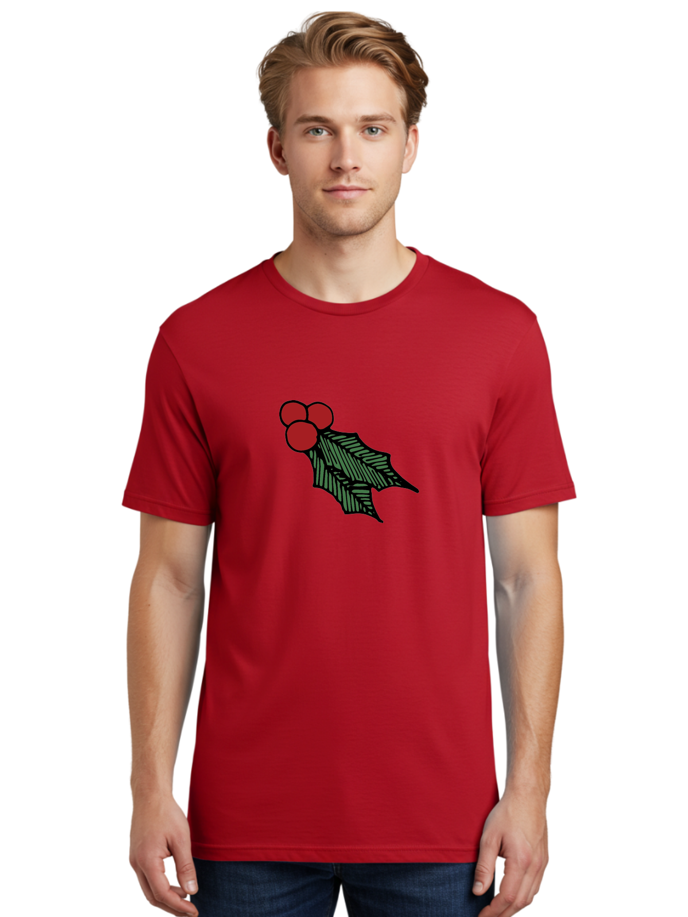 Holly-Leaf-With-Berries Men'S Graphic Tee, 100% Cotton, Comfortable Casual Summer Wear, Machine Washable, Holiday Decor, Festive Illustration, Christmas Symbolism, Holly Leaves, Red Berries, Winter Decoration, Seasonal Graphics -  Aaa933