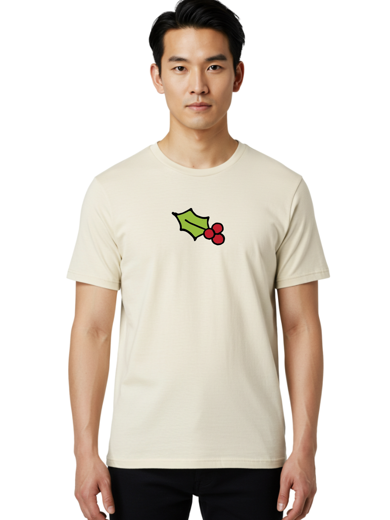 Holly-Leaves-And-Berries-1 Men'S Graphic Tee, 100% Cotton, Comfortable Casual Summer Wear, Machine Washable, Holly Leaf Illustration, Red Berries, Festive Decor, Holiday Theme, Christmas Symbol, Winter Decoration, Cartoon Style, -  Aaa934