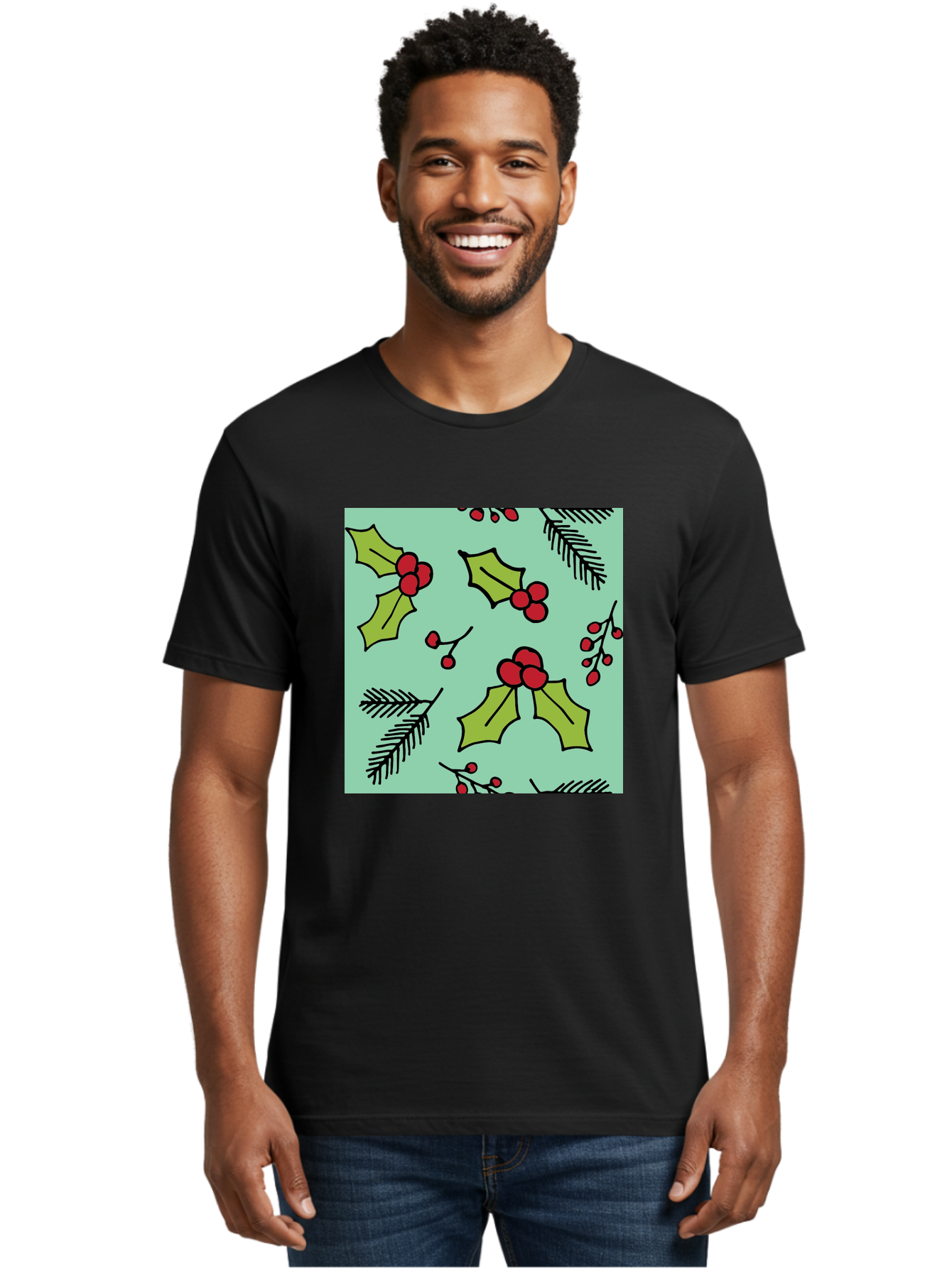 Holly-Pattern Men'S Graphic Tee, 100% Cotton, Comfortable Casual Summer Wear, Machine Washable, Holly Leaves, Red Berries, Festive Pattern, Christmas Decor, Winter Theme, Seasonal Design, Holiday Illustration, Green Leaves, Black Outlines -  Aaa937