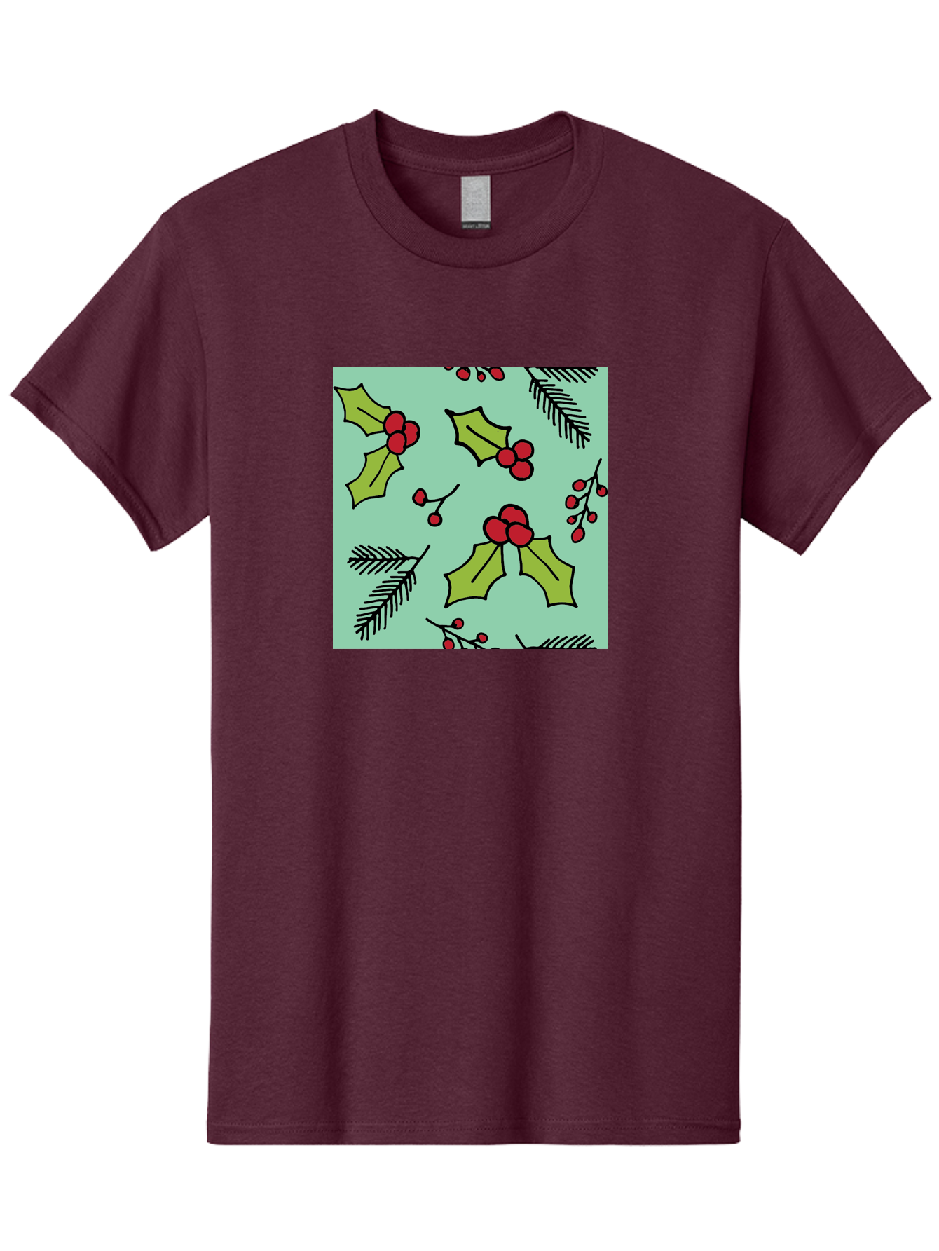 Holly-Pattern Men'S Graphic Tee, 100% Cotton, Comfortable Casual Summer Wear, Machine Washable, Holly Leaves, Red Berries, Festive Pattern, Christmas Decor, Winter Theme, Seasonal Design, Holiday Illustration, Green Leaves, Black Outlines -  Aaa937