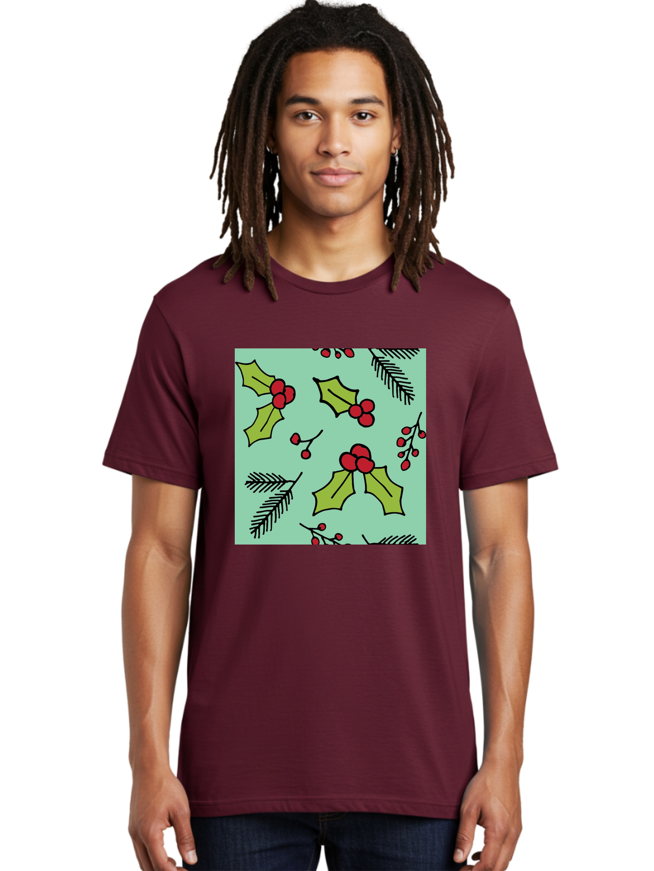 Holly-Pattern Men'S Graphic Tee, 100% Cotton, Comfortable Casual Summer Wear, Machine Washable, Holly Leaves, Red Berries, Festive Pattern, Christmas Decor, Winter Theme, Seasonal Design, Holiday Illustration, Green Leaves, Black Outlines -  Aaa937