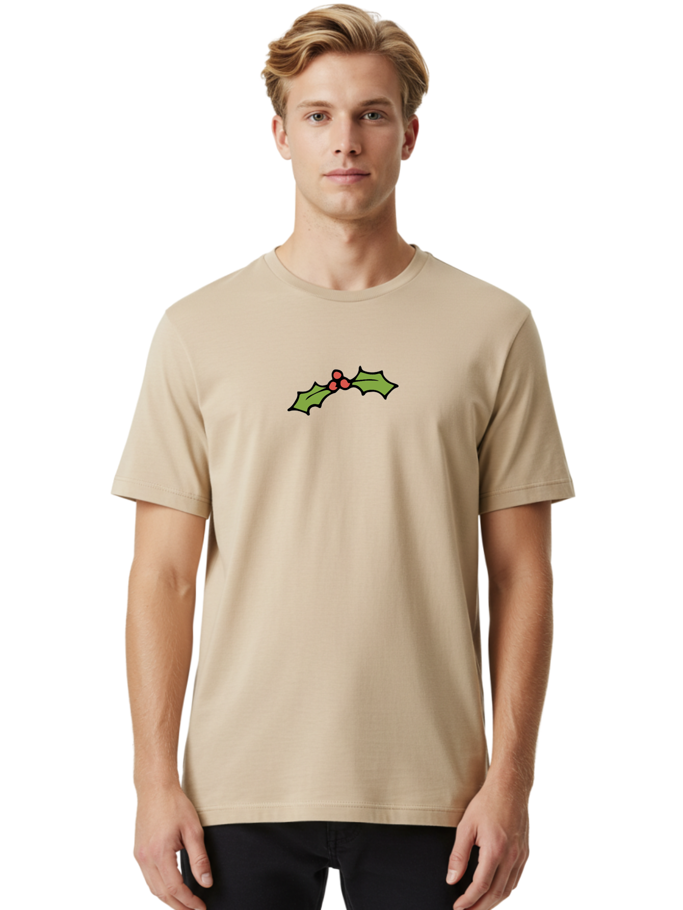 Holly Men'S Graphic Tee, 100% Cotton, Comfortable Casual Summer Wear, Machine Washable, Holiday Decor, Christmas Foliage, Festive Holly, Christmas Decoration, Red Berries, Green Leaves, Festive Atmosphere, Winter Wonderland -  Aaa938
